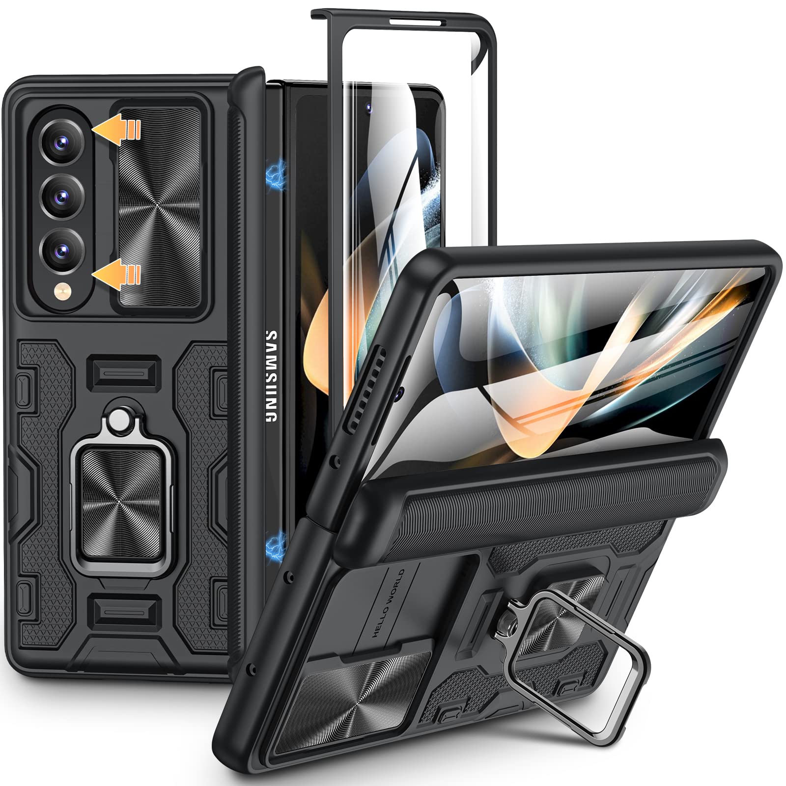 VEGO for Galaxy Z Fold 4 Case with Slide Camera Cover & Hinge Protection Case with Screen Protector 360Magnetic Kickstand Protec