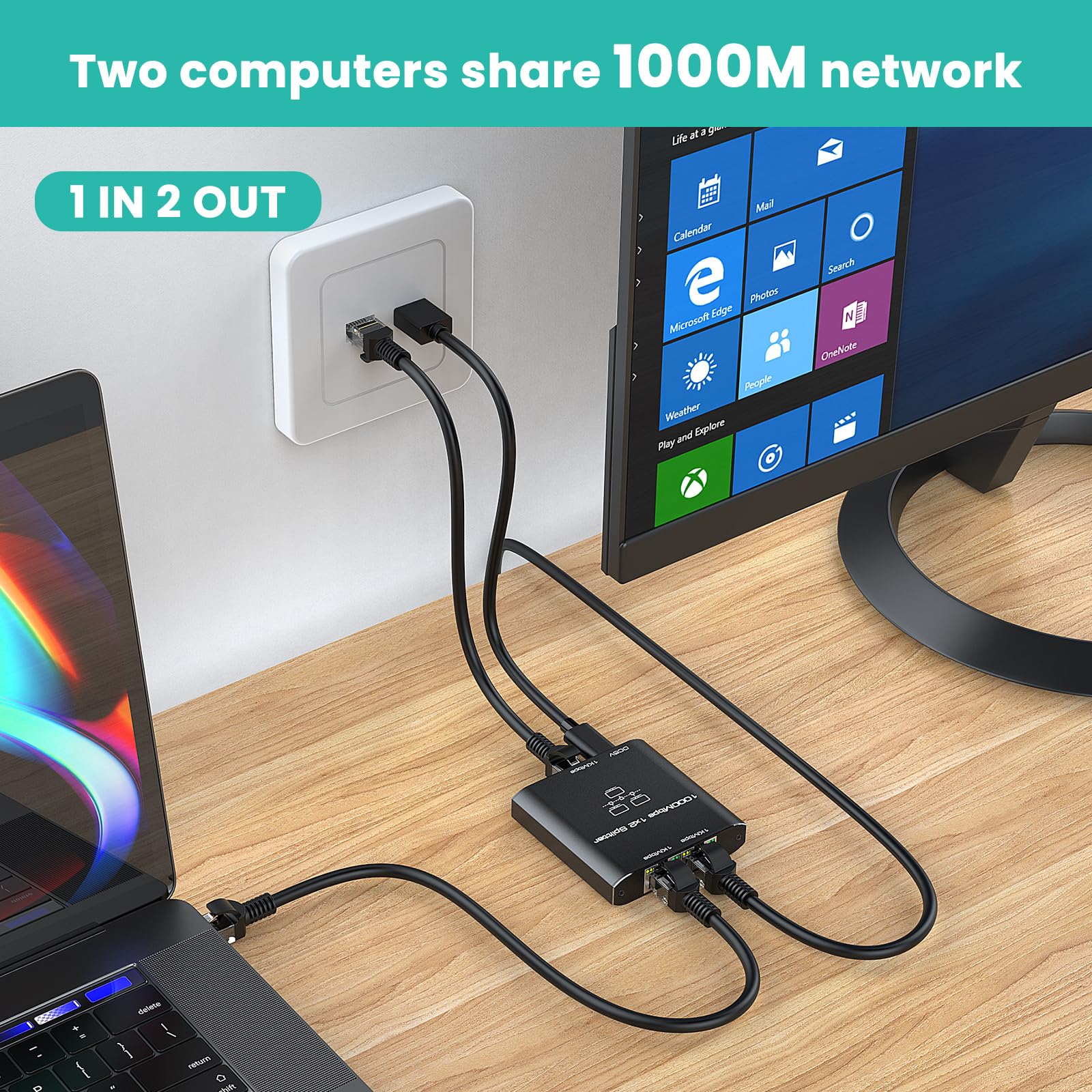 Ethernet Splitter 1 To 2, High Speed Gigabit 1000Mbps, Lan Network Splitter With Usb Power Cable, Gigabit Rj45 Internet Ethernet