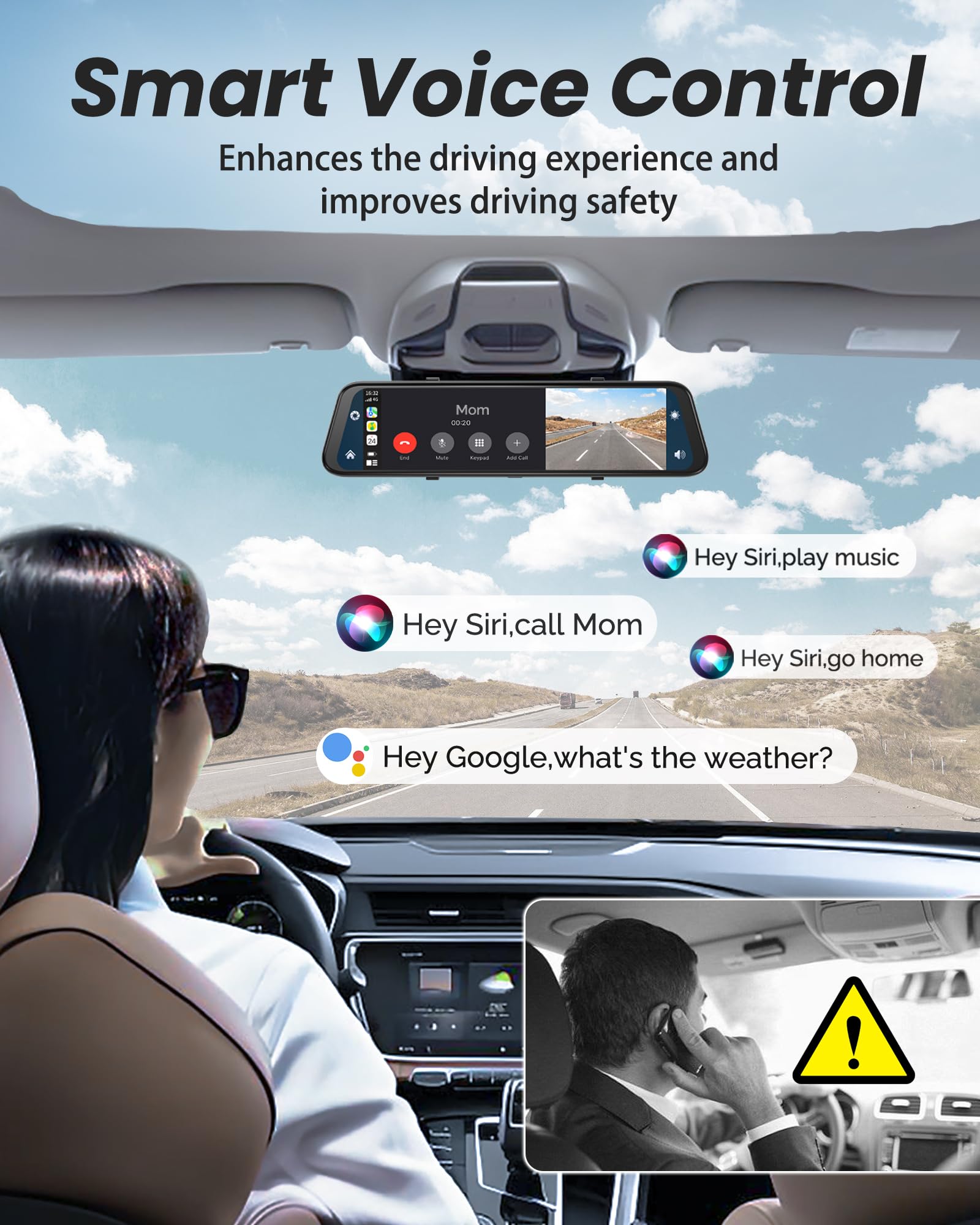 4K Rear View Mirror Camera With Carplay&Android Auto,12'' Mirror Dash Cam Front And Rear With Voice Control For Cars&Trucks,Smar