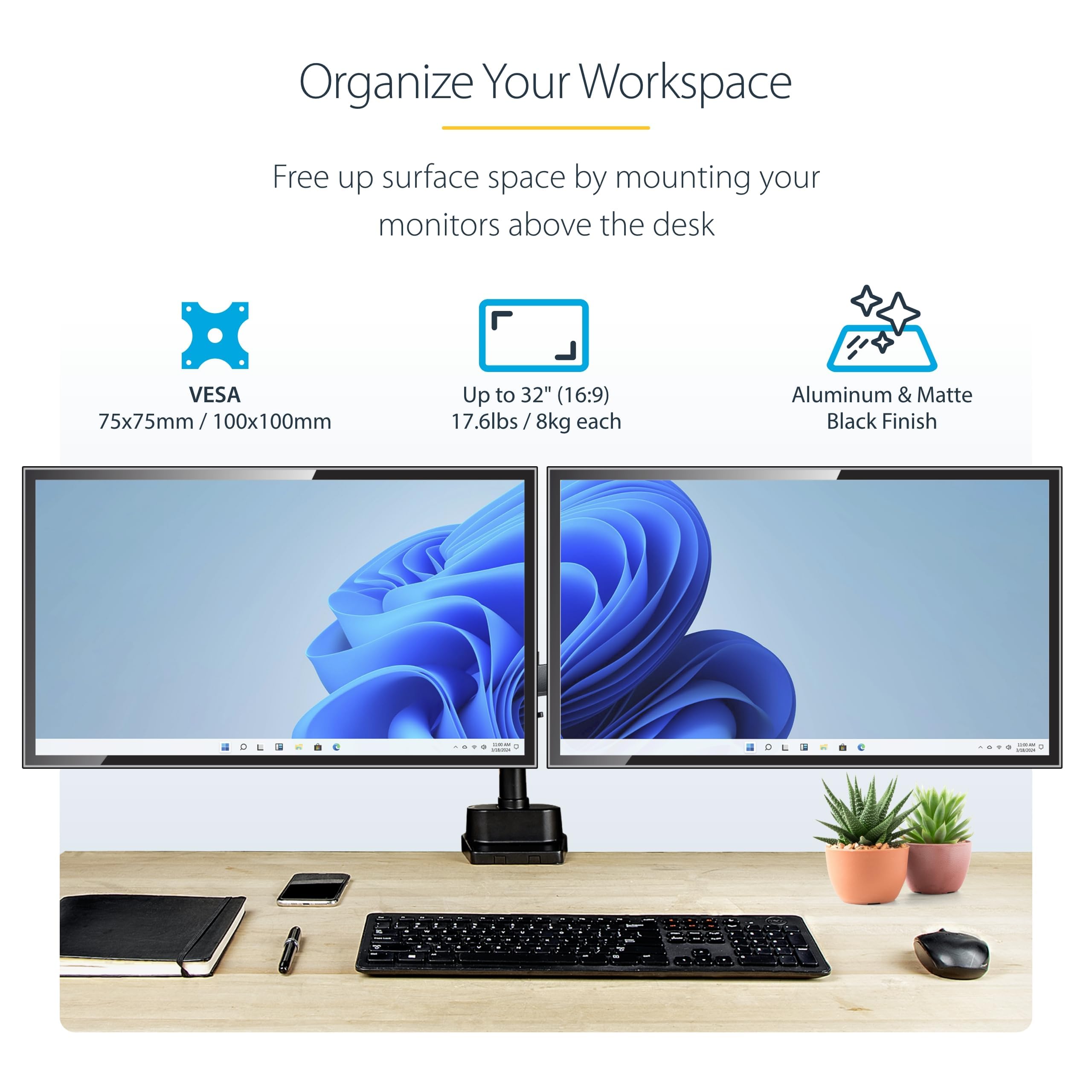 Startech.Com Desk Mount Dual Monitor Arm, Height Adjustable Mount For 2X Vesa Displays Up To 32 (17.6Lb/8Kg), Mechanical Spring