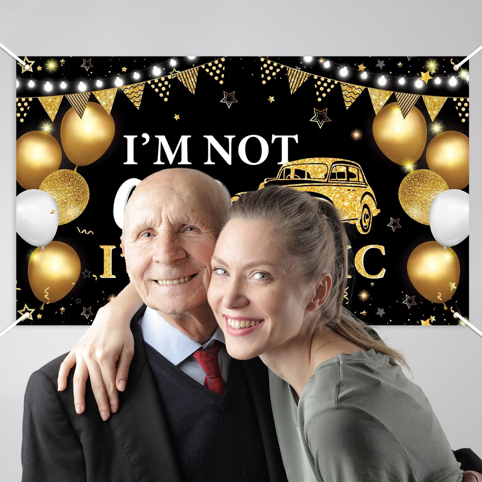Old Birthday Party Decorations,I'M Not Old I'M Classic Backdrop,Black Gold Funny Classic Car Happy Birthday Backdrop Banner For