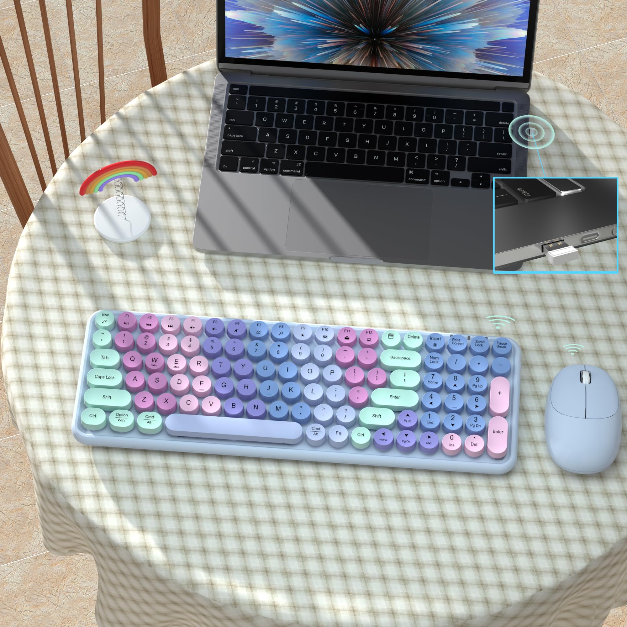 Links9+ Colorful Wireless Keyboard Mouse Combo, Gradient Rainbow Colors 100 Keys And 2.4Ghz Optical Mouse Connection For Windows