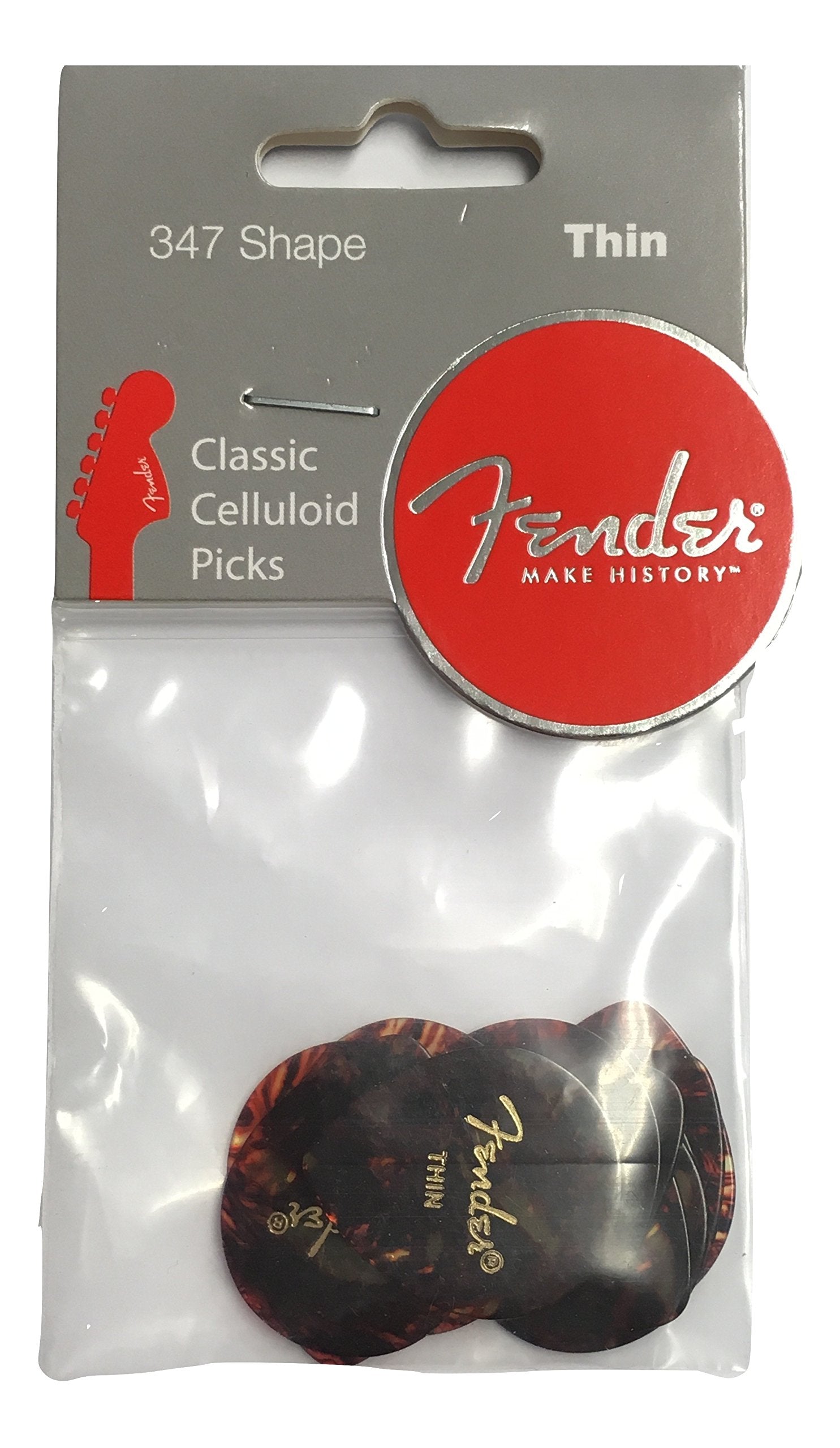 Fender Classic Celluloid Guitar Picks 347 Shape, Guitar Accessories, Tortoise Shell, Thin, 12 Pack