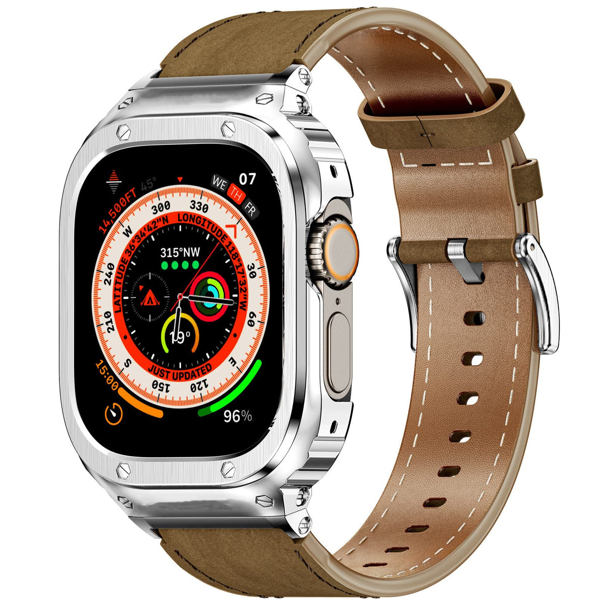Suplink Leather Watch Bands With Stainless Steel Case Compatible With Apple Watch Ultra 2 Band 49Mm,Genuine Leather Replacement