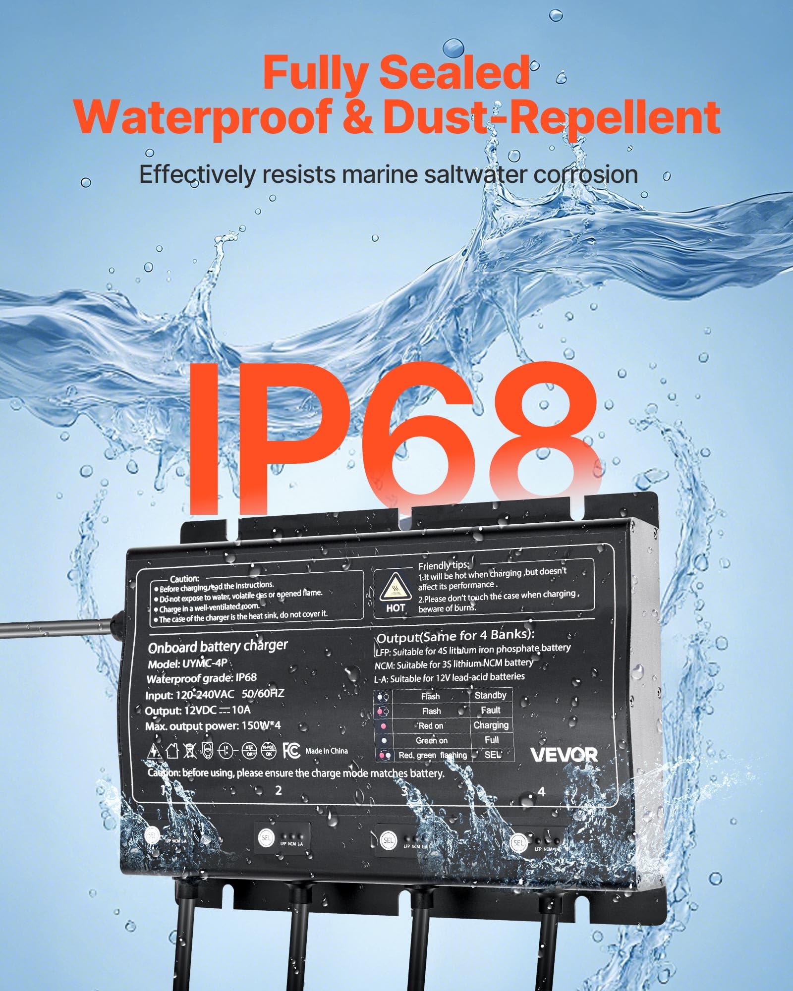 Vevor Marine Battery Charger, 4-Bank, 10A X 4, 12V Onboard Battery Charger, Ip68 Waterproof Smart Boat Charger, For Lithium-Ion