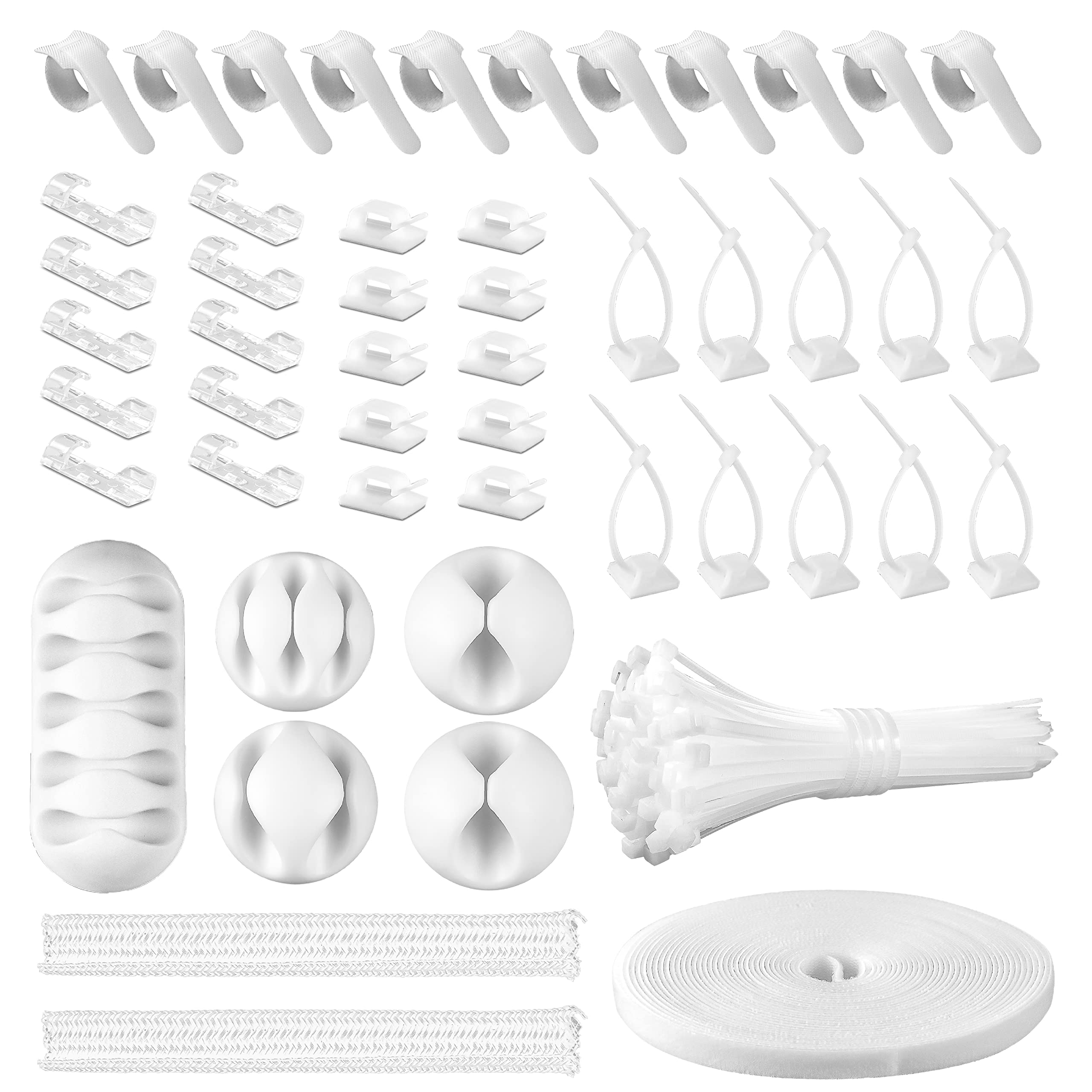 Cord Management Organizer Kit 2 Cable Sleeve Split With 41Self Adhesive Cable Clips Holder, 10Pcs And 2 Roll Self Adhesive Tie A