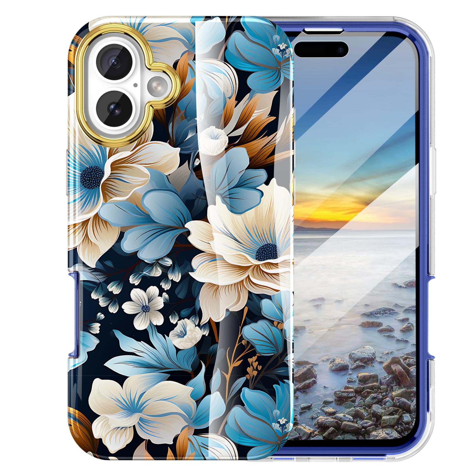 Turquiase Cute Flower Case For Iphone 16 Plus 6.7 Inch Built With Screen Protector, Lightweight And Stylish Full Body Shockproof