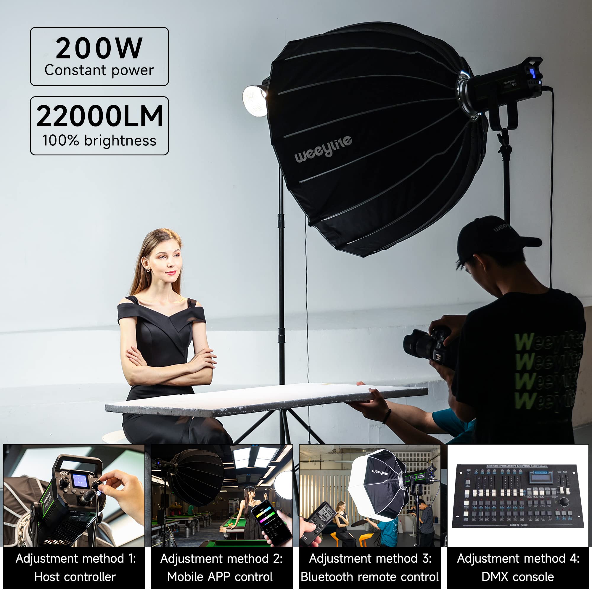 200W 22000Lm Bi Color Bowens Mount Led Photography Lighting, 79000Lux@1M App Control Film Lighting 2800K 6800K Professional Stud