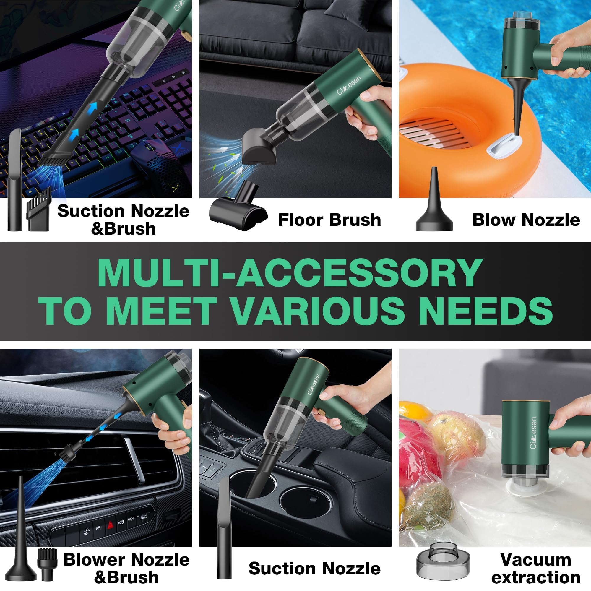 Cimesen Car Vacuum Portable 4 In 1 Vacuum Cleaner 12000Pa Mini Handheld Vacuum Cordless Rechargeable 120W High Power Car Vacuum