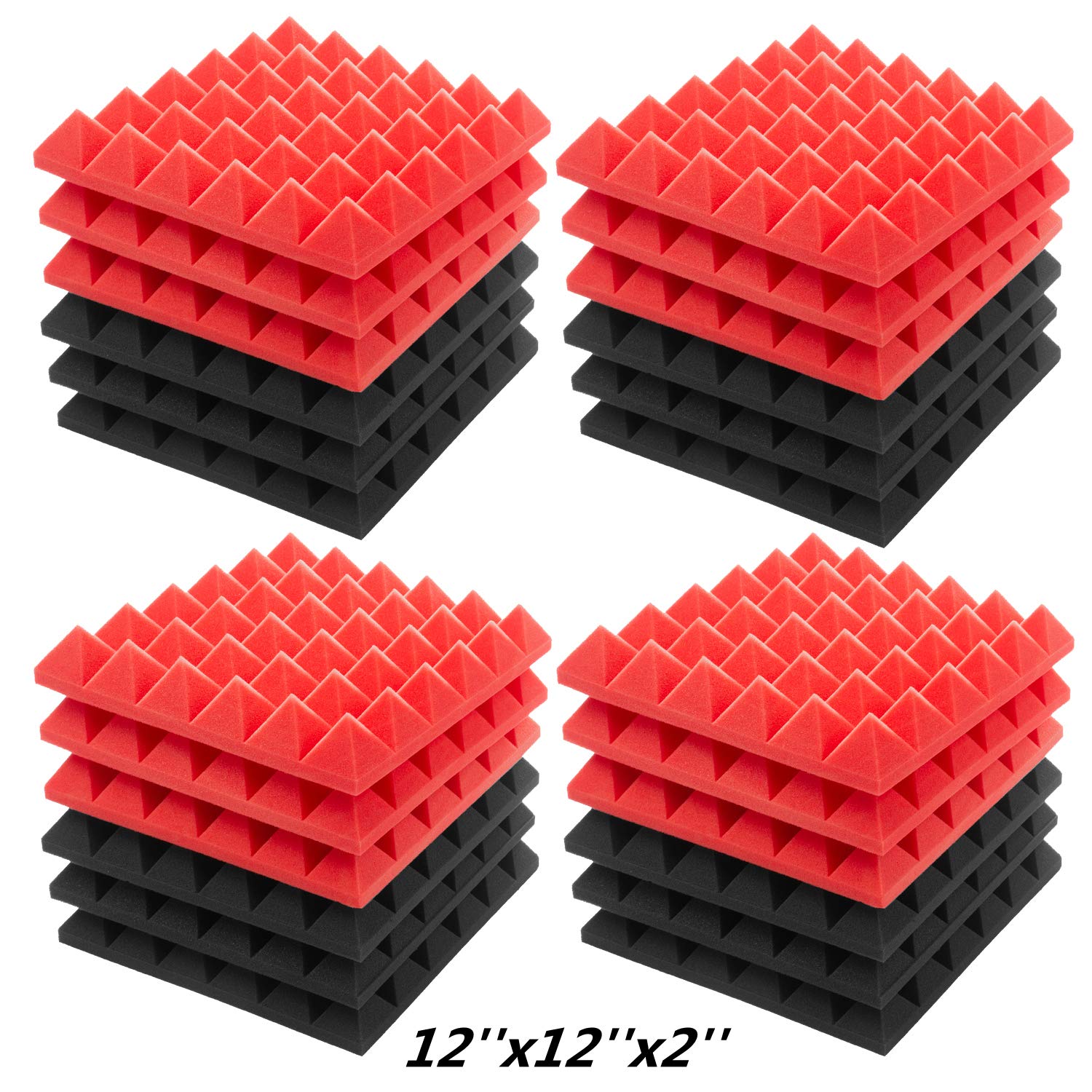 Jber Acoustic Sound Foam Panels, 24 Pack 2'' X 12'' X 12'' Red And Black Soundproofing Treatment Studio Wall Padding Sound Absor