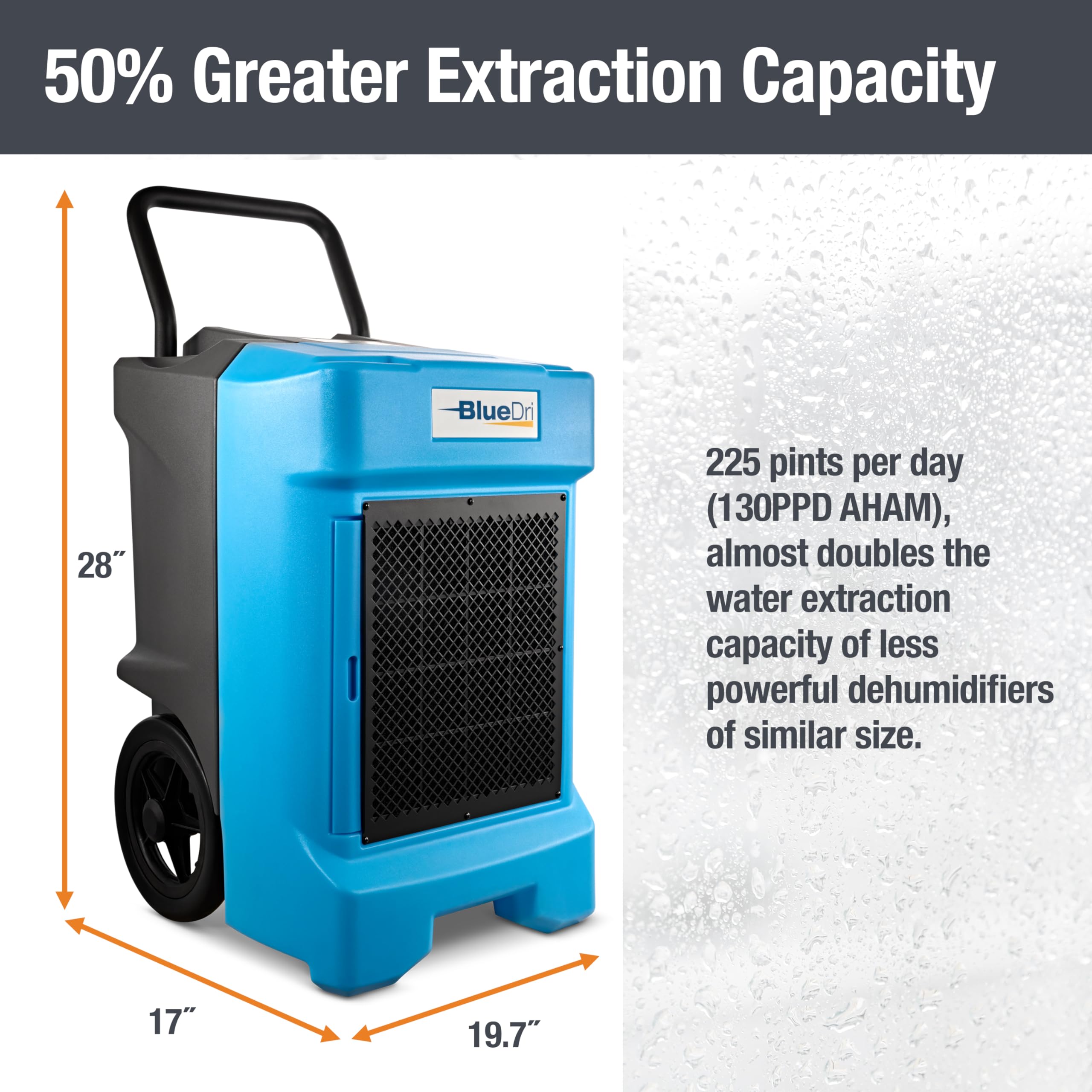 BlueDri BD-130P Industrial Dehumidifier, Large, Roto Mold Plastic, Blue, Ideal for Basements and Job Sites