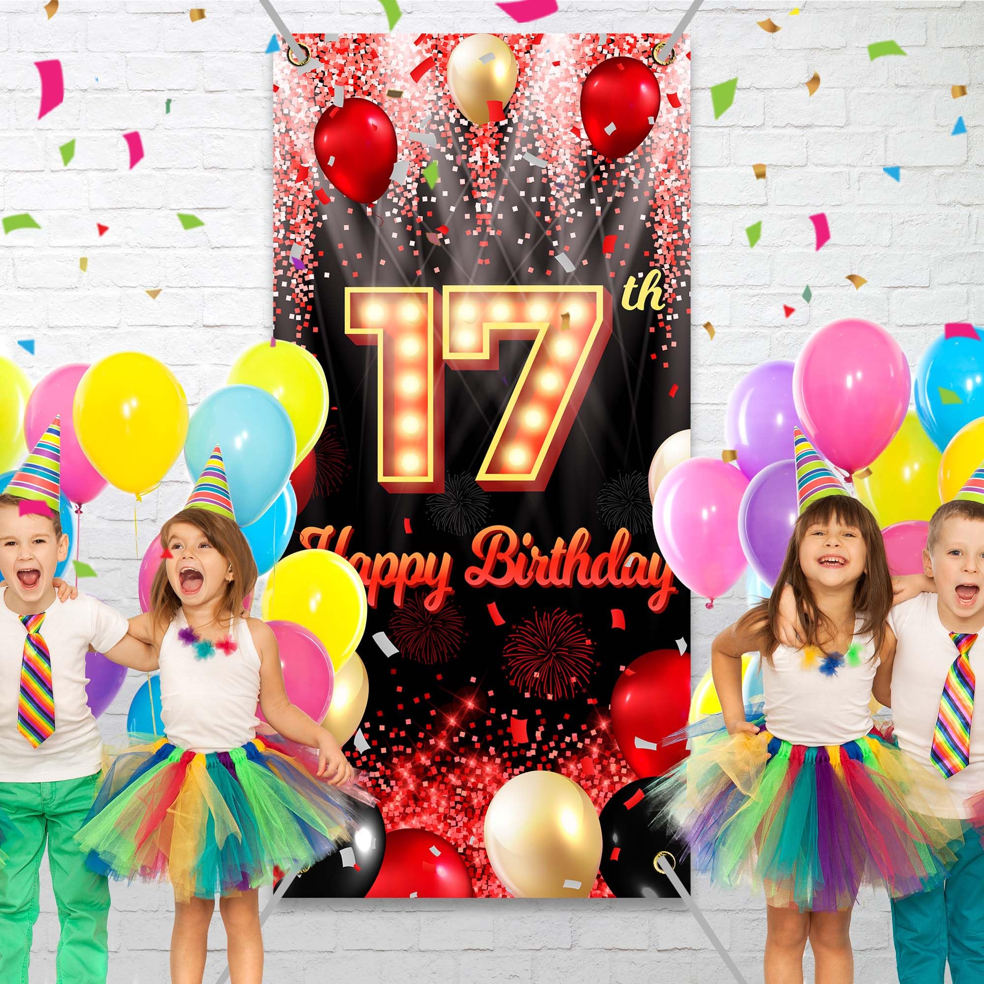 Happy 17Th Birthday Backdrop Banner Black And Red Theme Background With Neon Shiny Fashion Birthday Party Photo Photography Prop