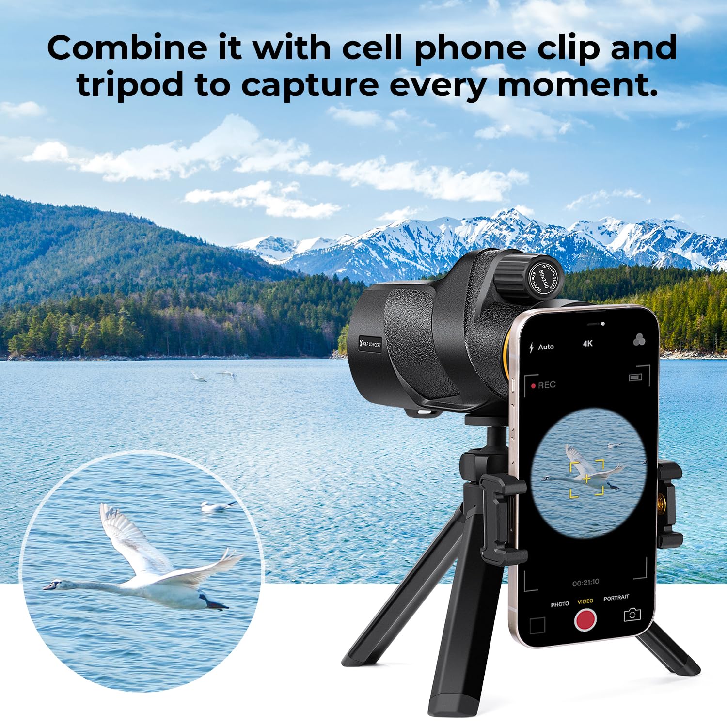 K&F Concept 80X100 Monocular Telescope For Adults Ip68 Waterproof High Powered With Smartphone Adapter & Tripod, With Bak4 Prism