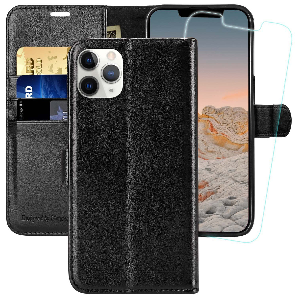 Monasay Iphone 11 Pro Max 5G Wallet Case, 6.5-Inch, [Glass Screen Protector Included] [Rfid Blocking] Flip Folio Leather Cell Ph