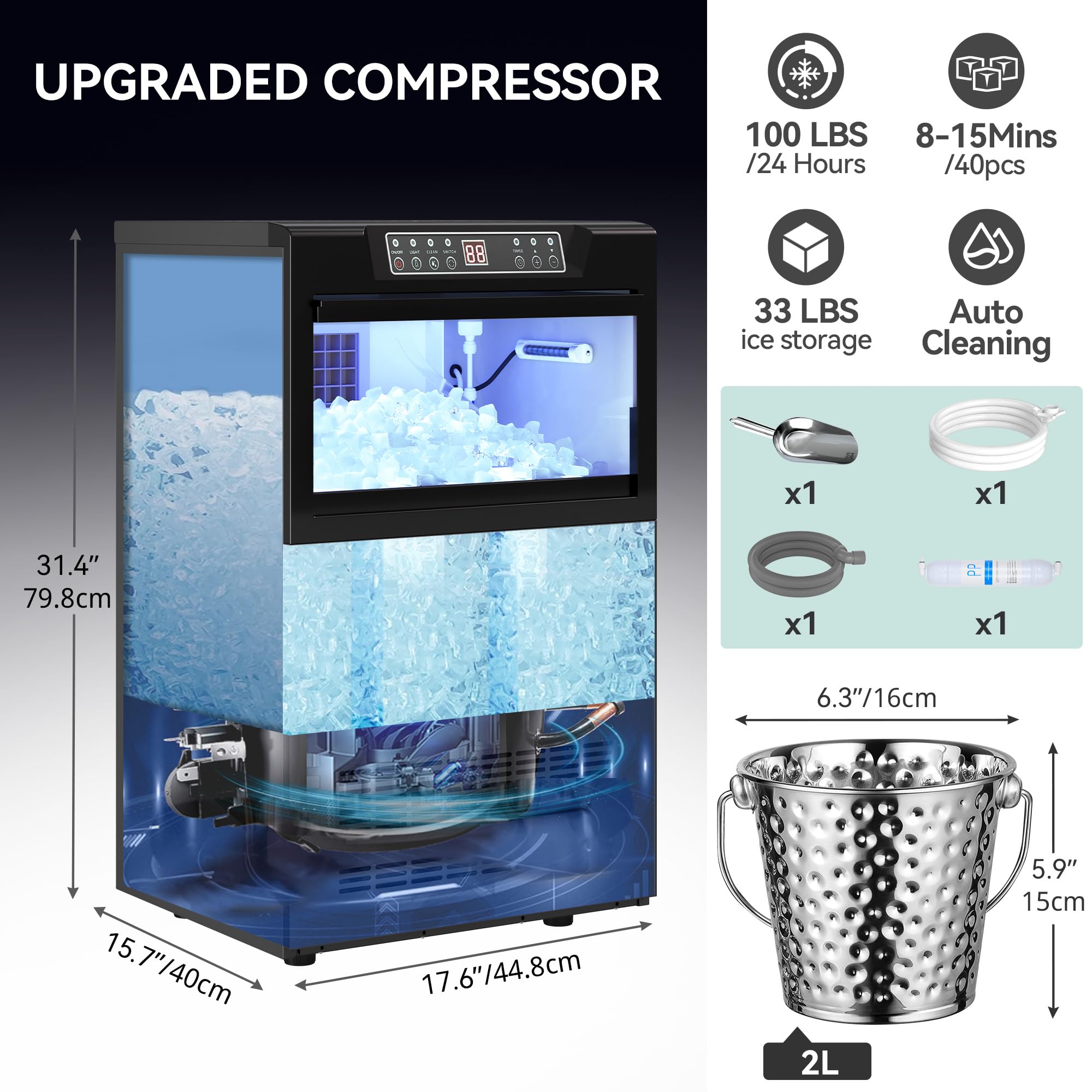 Yitahome 130Lbs Commercial Ice Maker Machine Under Counter Black, Etl & Doe Certificated Ice Machine Commercial, Big Ice Makers