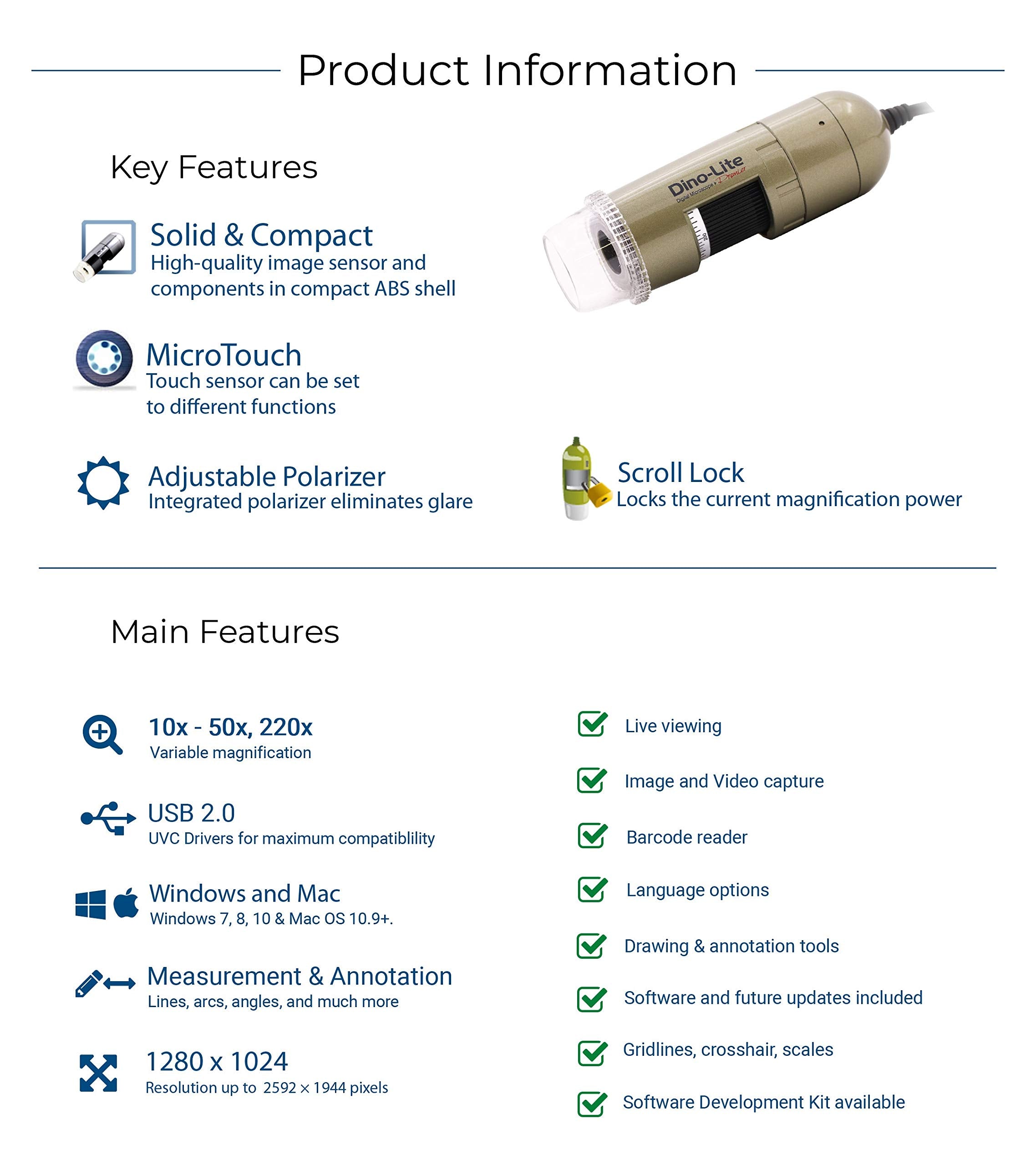 Dino Lite Usb Digital Microscope Am4113Zt   1.3Mp, 10X   50X, 220X Optical Magnification, Measurement, Polarized Light (1.3Mp Mt