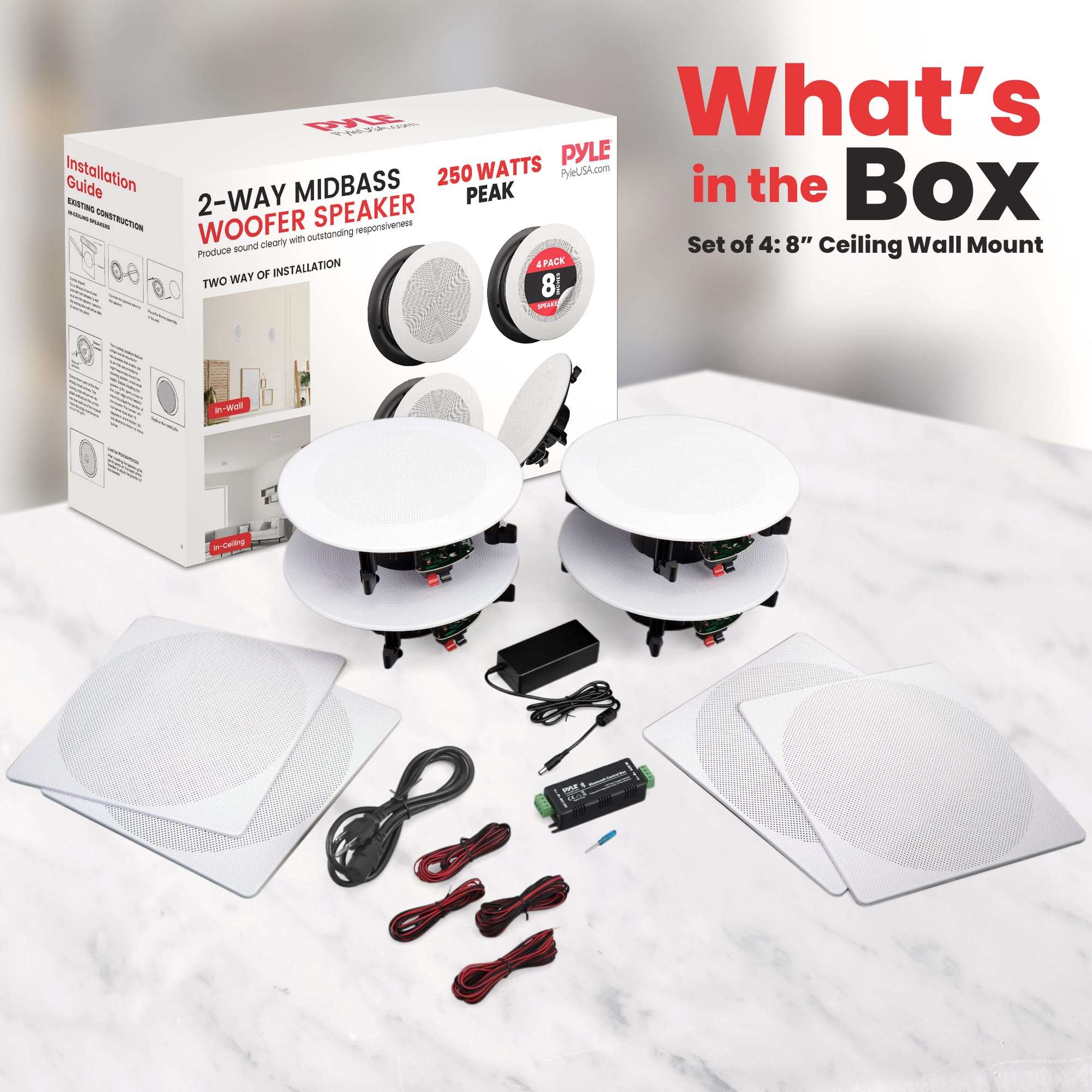 Pyle 8    4 Bluetooth Flush Mount - In-Wall In-Ceiling 2-Way Speaker System Quick Connections Changeable Round/Square Grill Poly