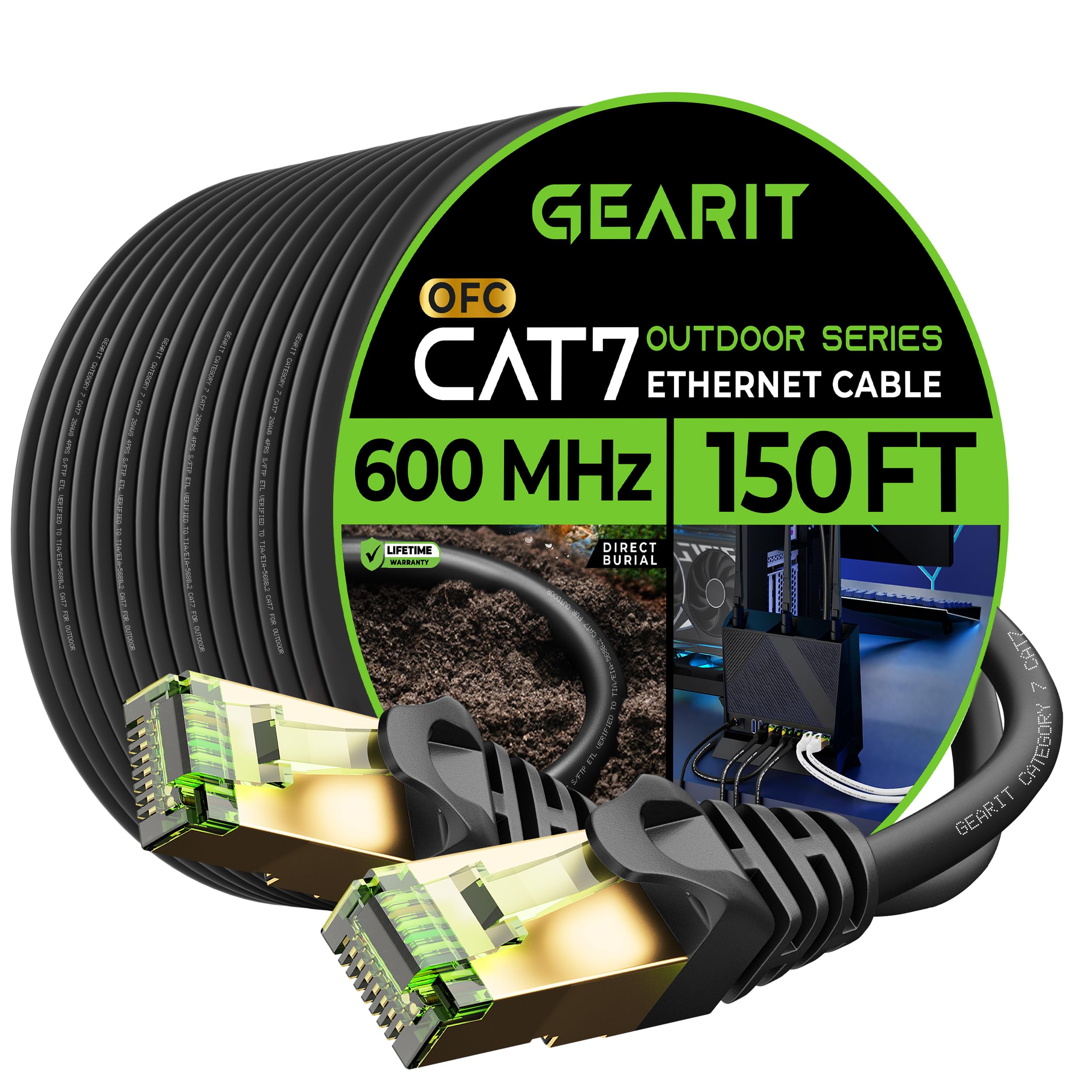 Gearit Cat7 Outdoor Ethernet Cable (150Ft) Sftp Shielded Foil Twisted Pair, Pure Copper, Lldpe, Waterproof, Direct Burial, In Gr