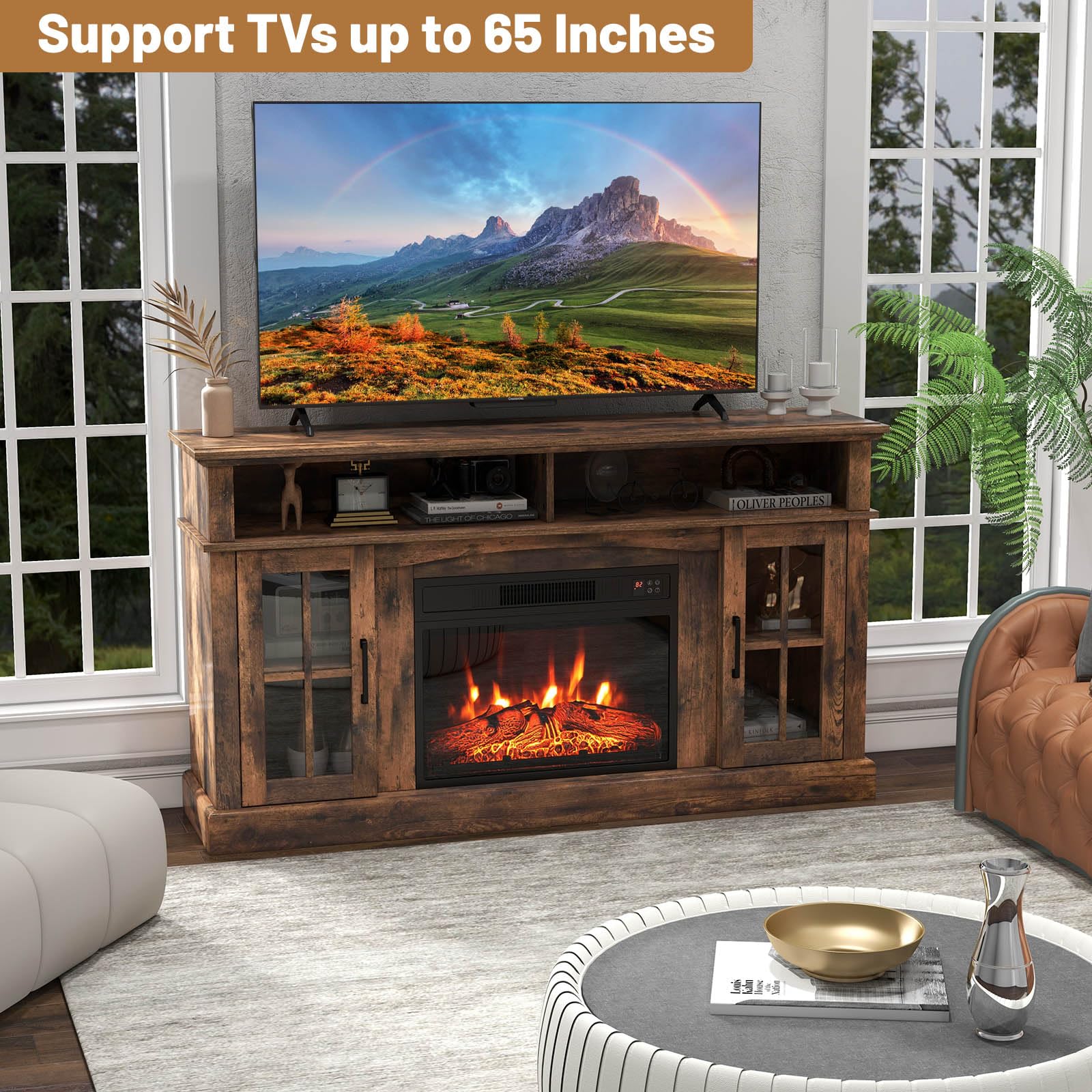 Costway Electric Fireplace Tv Stand For Tvs Up To 65 Inches, 1400W Heater Insert With Remote Control, 6H Timer, 3 Level Flame, Overheat Protection And Csa Certification, Adjustable Shelves, Brown
