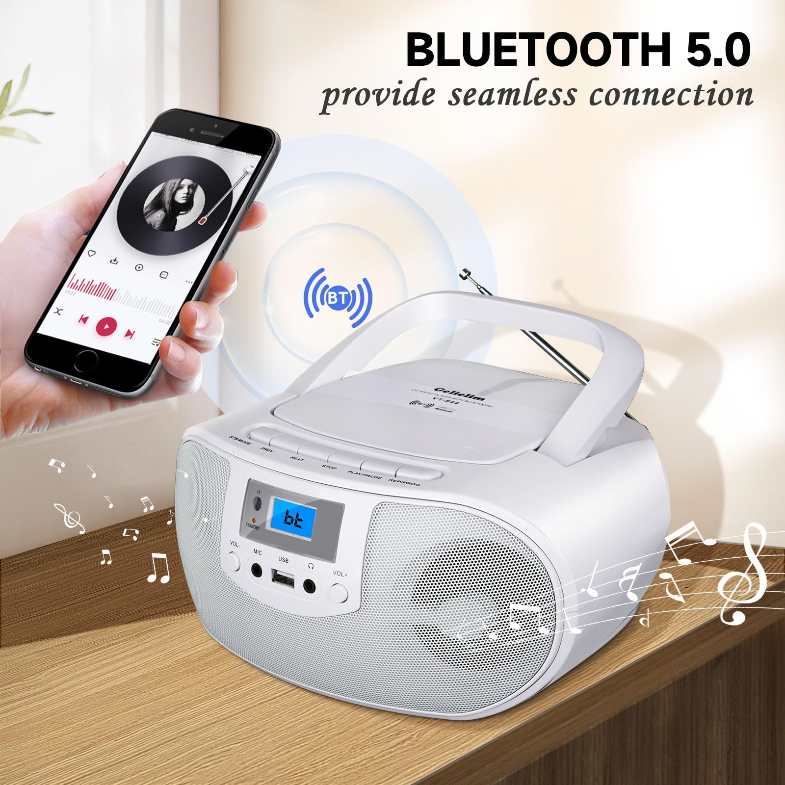 Gelielim Cd Player Boombox, Fm Radio With Bluetooth, Remote Control, Portable Cd Players For Home With Headphone, Mic Jack, Disc