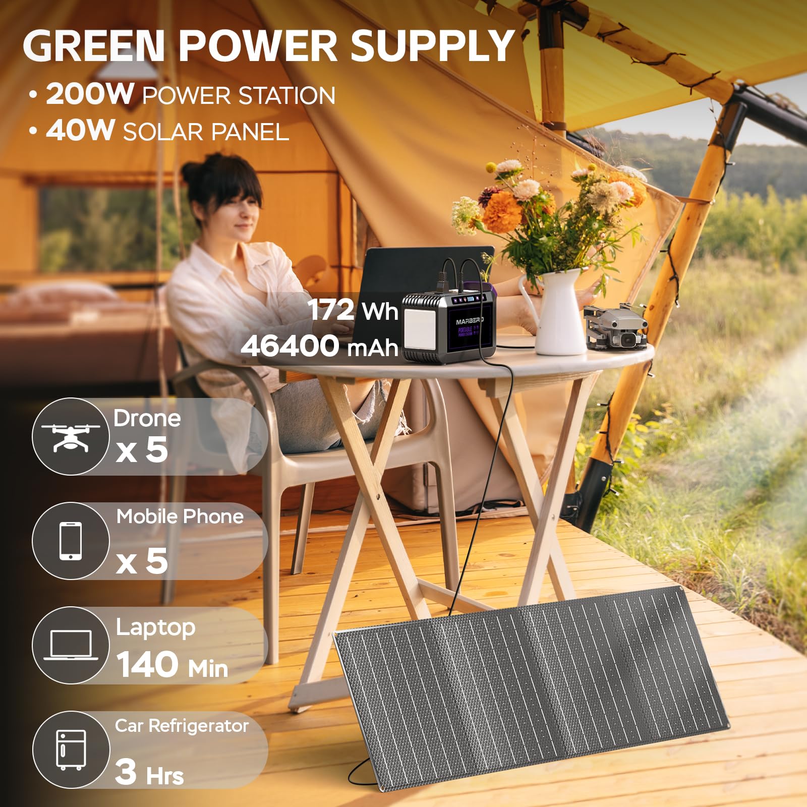 Marbero 172Wh Solar Generator With Solar Panel Included Portable Power Station 200W With Foldable Solar Panel 40W Set For Campin