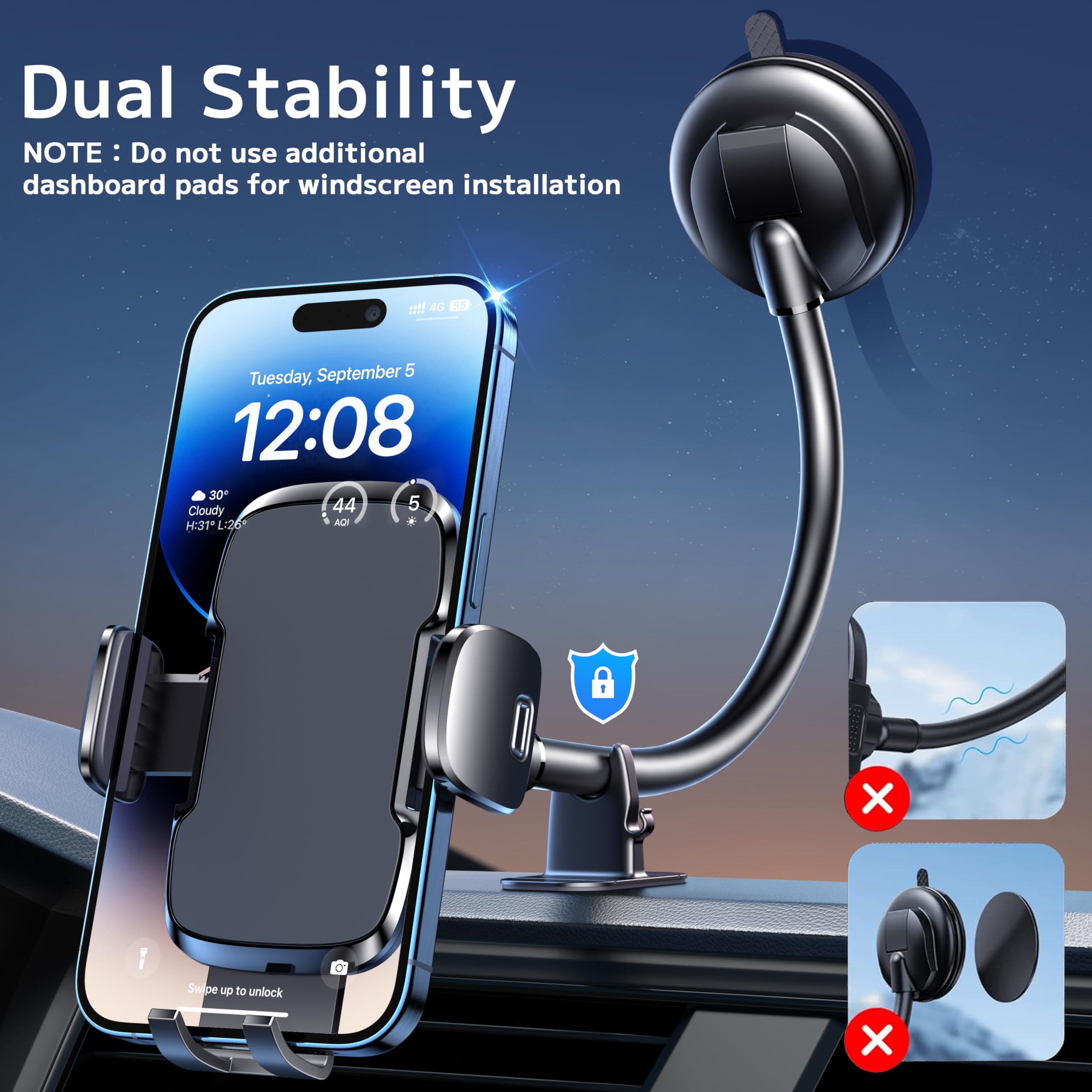 Ticilfo Phone Holders For Your Car [Gooseneck Flexible] Phone Stand For Car Dashboard Windshield Automotive Accessories [Strong