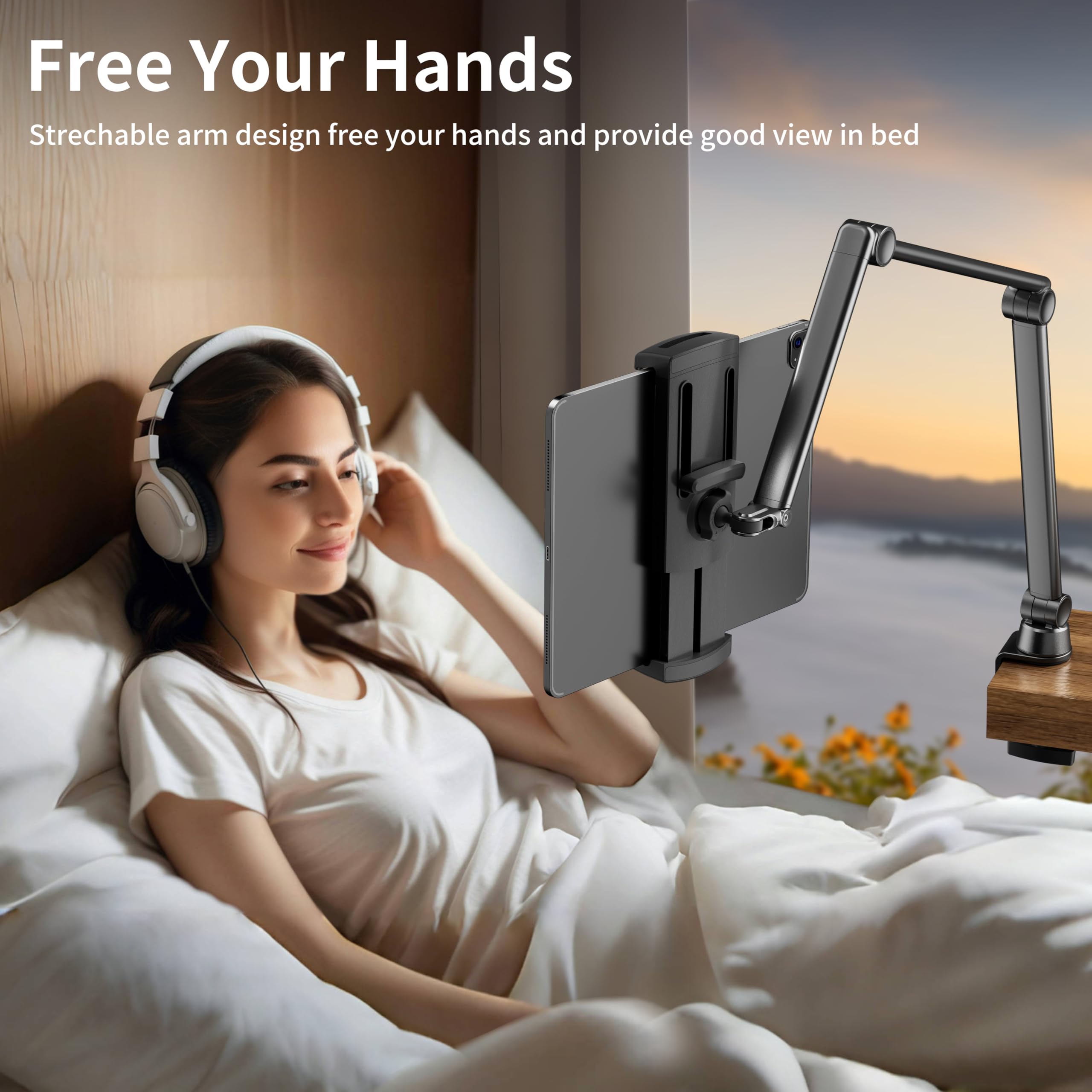 Lululook Ipad Stand For Desk, Aluminum Alloy Ipad Arm Mount, Adjustable Ipad Holder Stand For Ipad Pro 12.9/Ipad Mini Air, Samsung Galaxy, Iphone, Kindle, Portable Monitor Tablet 4.7' 13'(2 Clips)