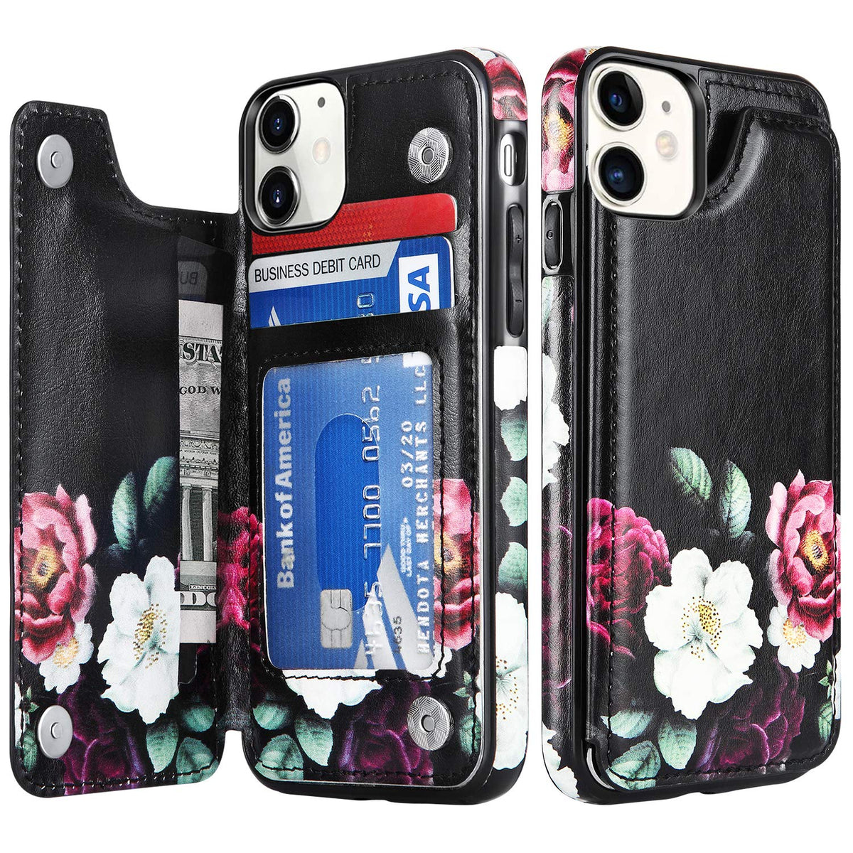 LETO for iPhone 11 Case,Leather Wallet Case with Fashion Floral Flower Designs for Girls Women,with Kickstand Card Slots Cover,P
