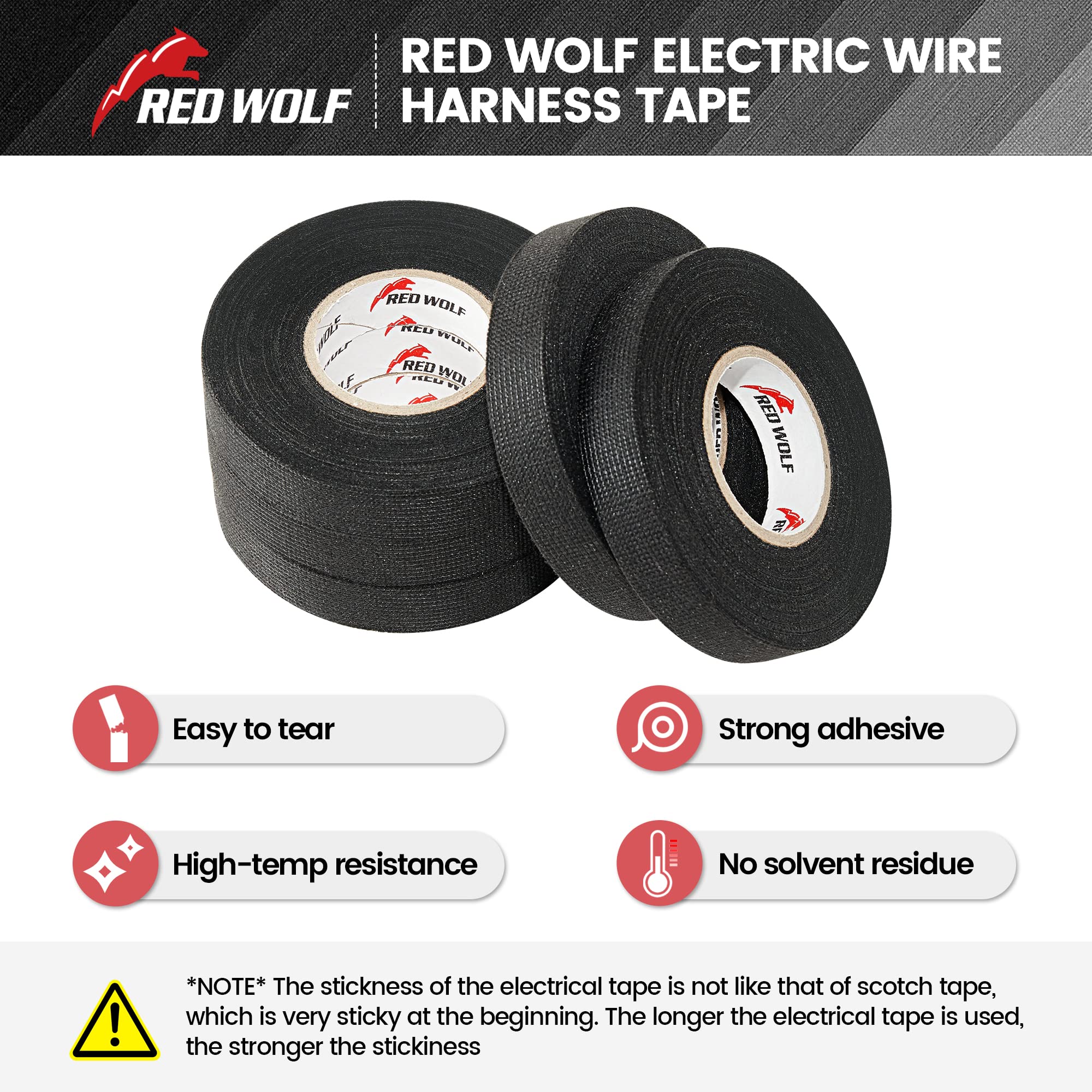 Red Wolf Electric Wiring Harness Tape 3 Rolls High Temp Self Adhesive Fabric Tape For Automobile Electrical Harness Wrap Noise Damping Protection Insulation Cable Fixed Black, 3/5 Inch X 50Ft