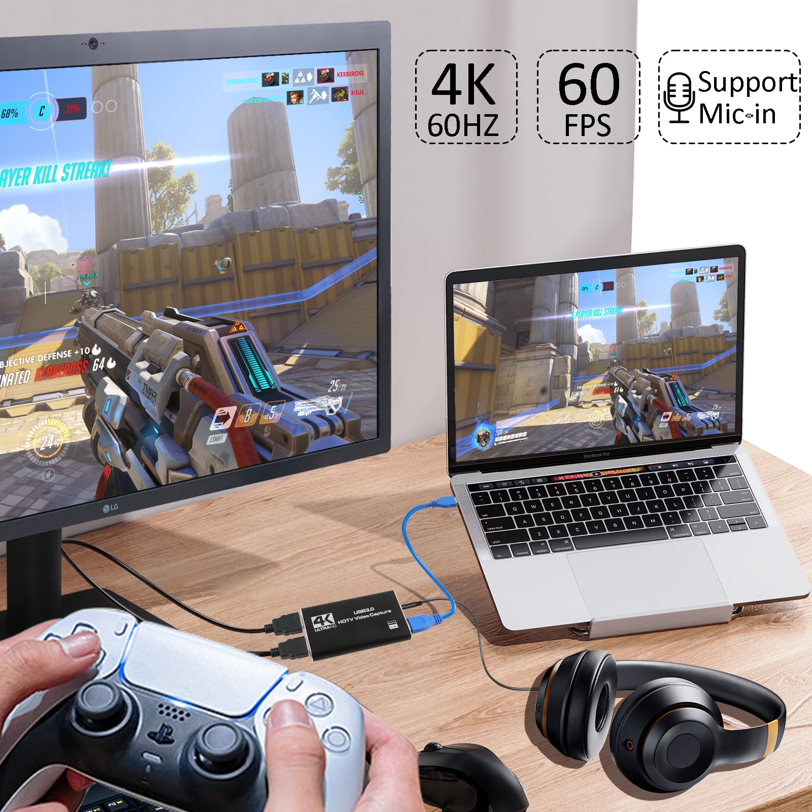 4K Audio Video Capture Card, Usb 3.0 Hdmi Video Capture Device, Full Hd 1080P, 3.5Mm Trs Audio Input, Hdcp 2.2, For Game Recordi