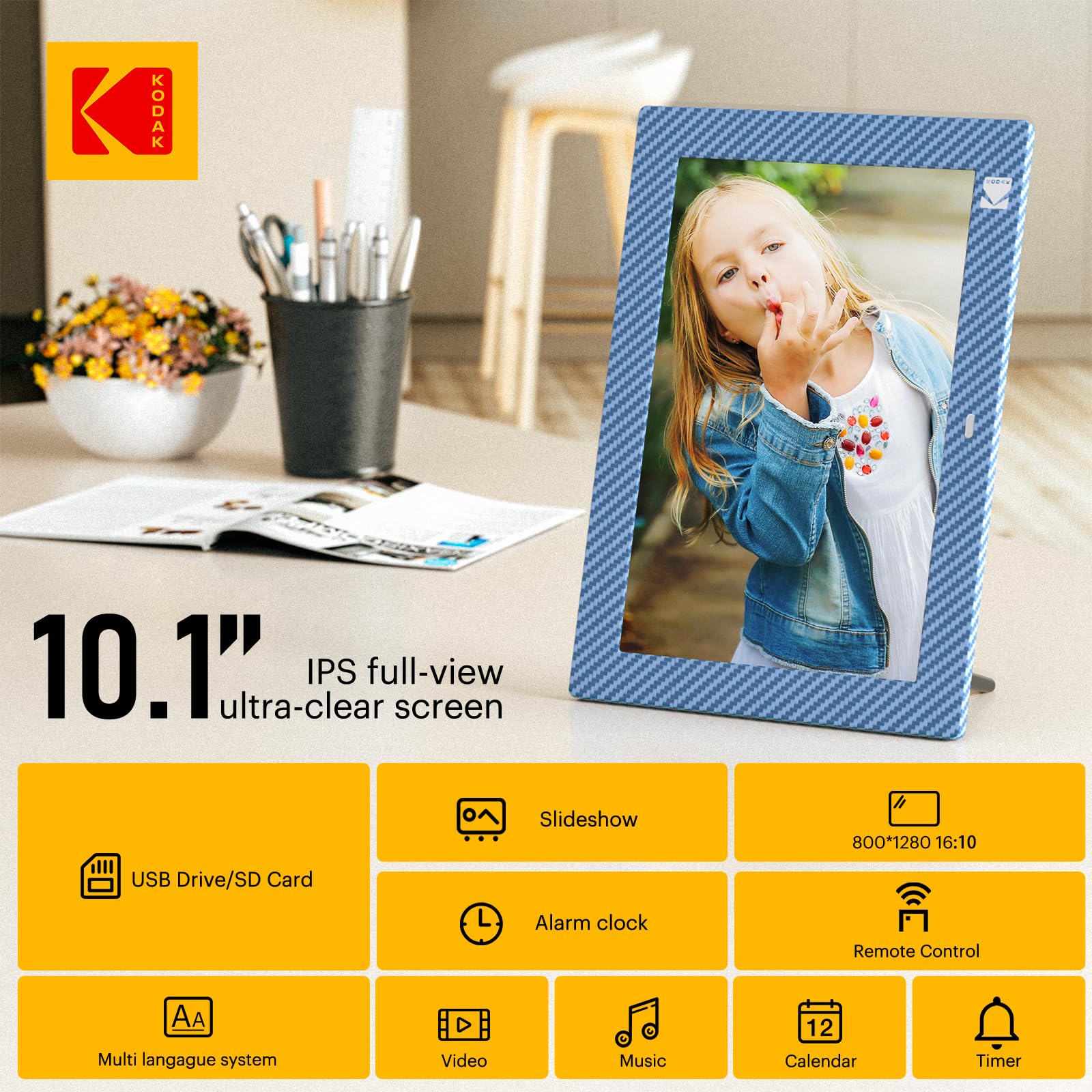 Kodak 10.1 Inch Digital Picture Frame With Remote Control, Ips Screen Hd Display, Auto Rotate, Wall Mountable, Programmable Auto