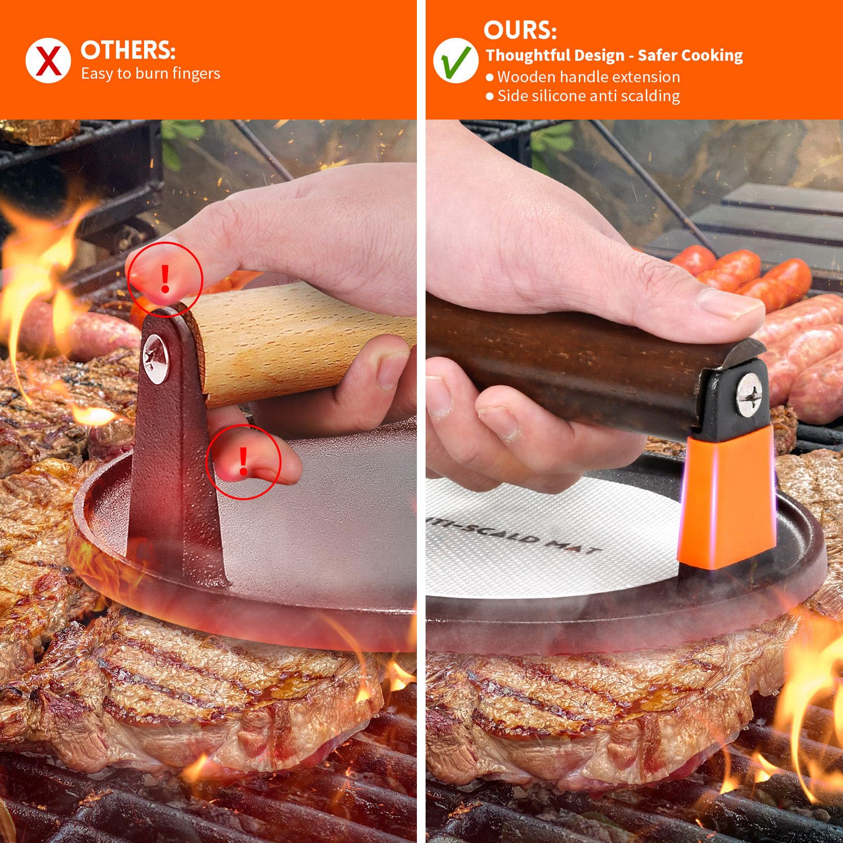 Ggc Smash Burger Press, Cast Iron Bacon Press For Hamburger, Steak, Bacon, Sandwiches, 7'' Round Meat Press With Wooden Handle F