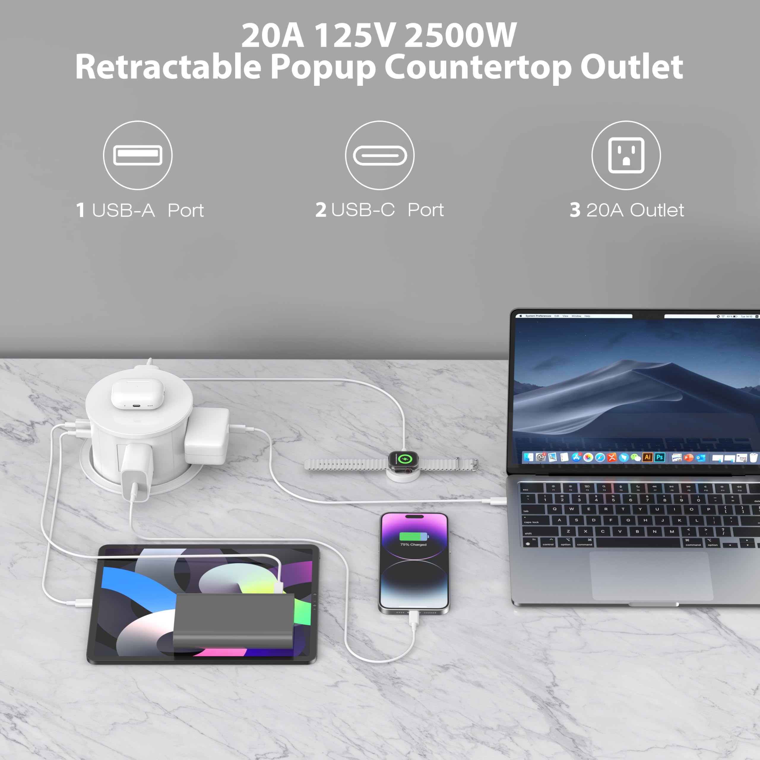 Annquan 20 Amp Pop Up Countertop Outlet With 15W Wireless Charger,Max 65W Power Delivery,4.75 Pop Up Electrical Outlet With 3 Ou