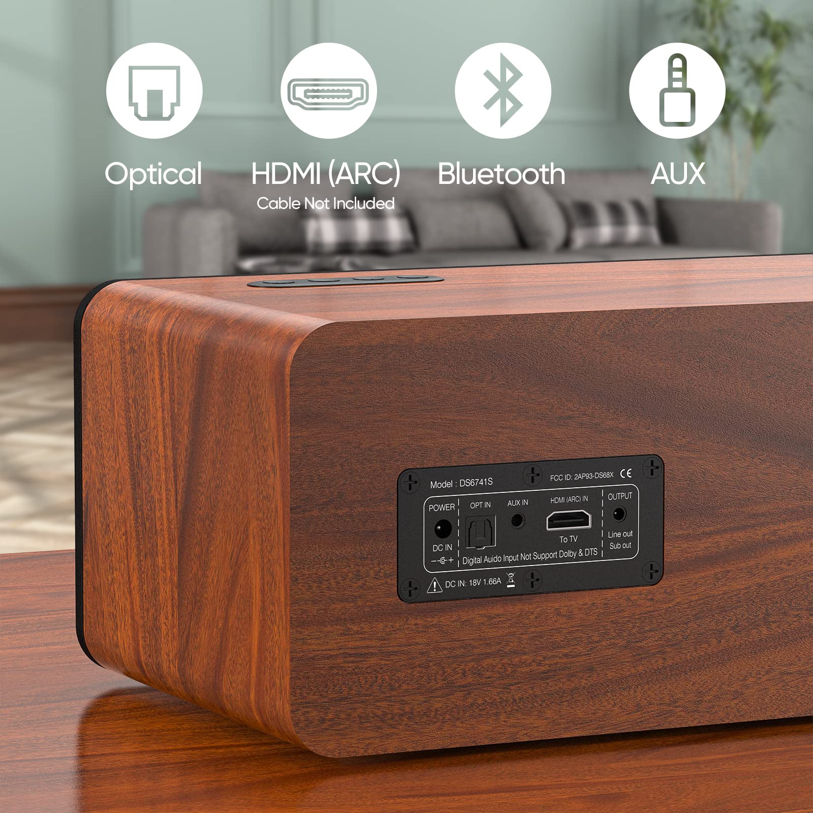 Saiyin Sound Bars For Tv, 16.5'' Wooden Tv Speakers Soundbar Home Theater Surround Sound System With Dual 3.5'' Woofers, Bluetoo