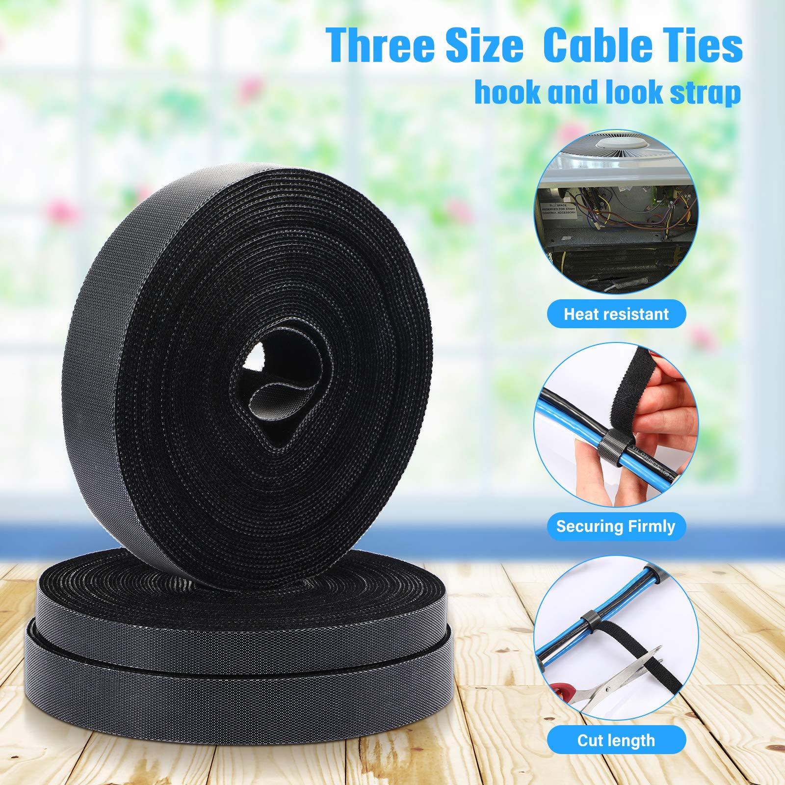 3 Rolls Fastening Tape Cable Ties Reusable Fastening Nylon Tape 1 Inch 1/2 Inch 3/4 Inch Double Side Hook Roll Hook And Loop Str