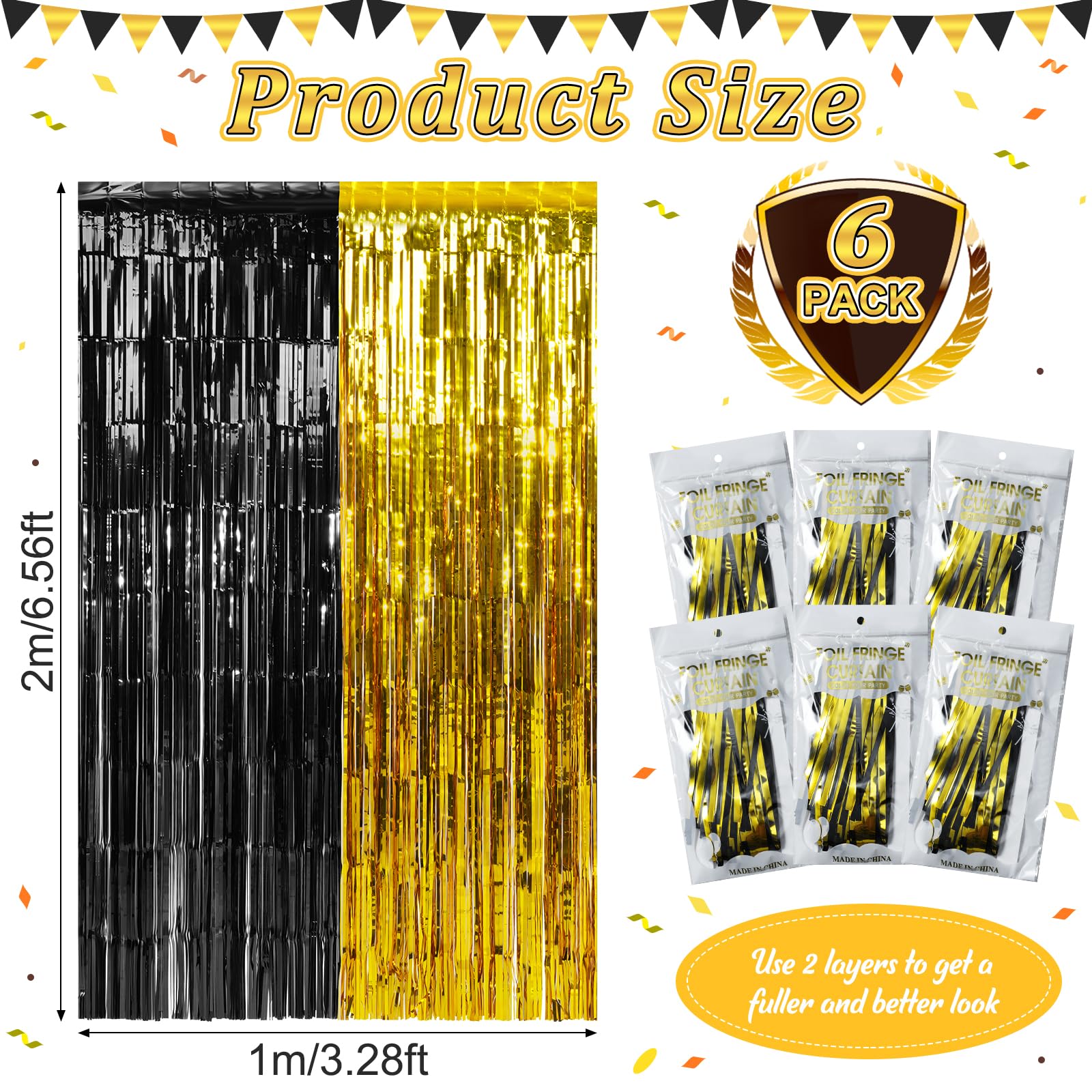 6Pack 3.3Ft X 6.6Ft Graduation Foil Fringe Curtain Backdrop Decorations, Black Gold Metallic Tinsel Foil Streamers Curtain Photo