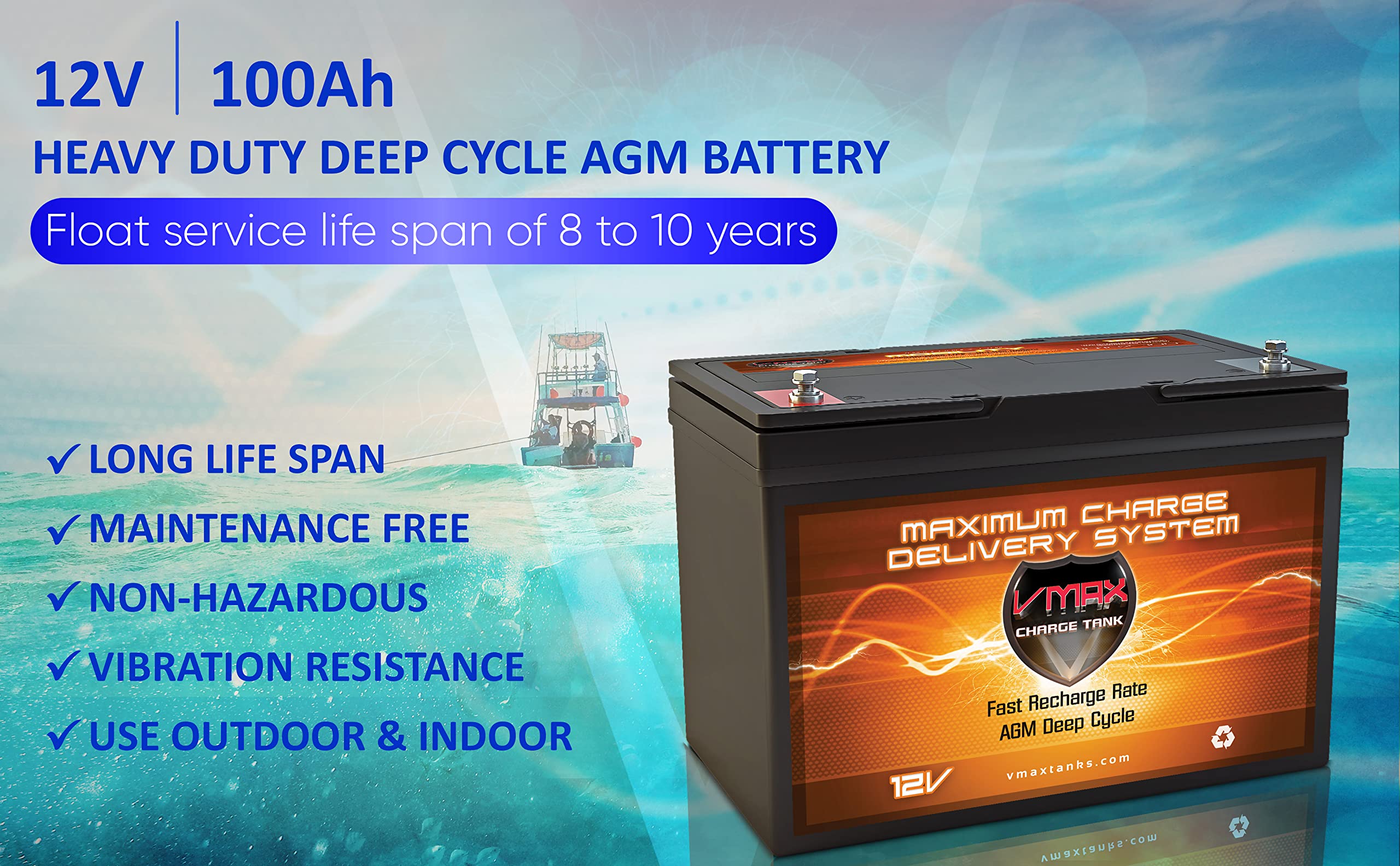 Qty 2 Vmax Mr127-100, Two Group 27 12 Volt 100Ah Agm Deep Cycle Marine Batteries Compatible With 24 Volt Trolling Motors, 24V 10