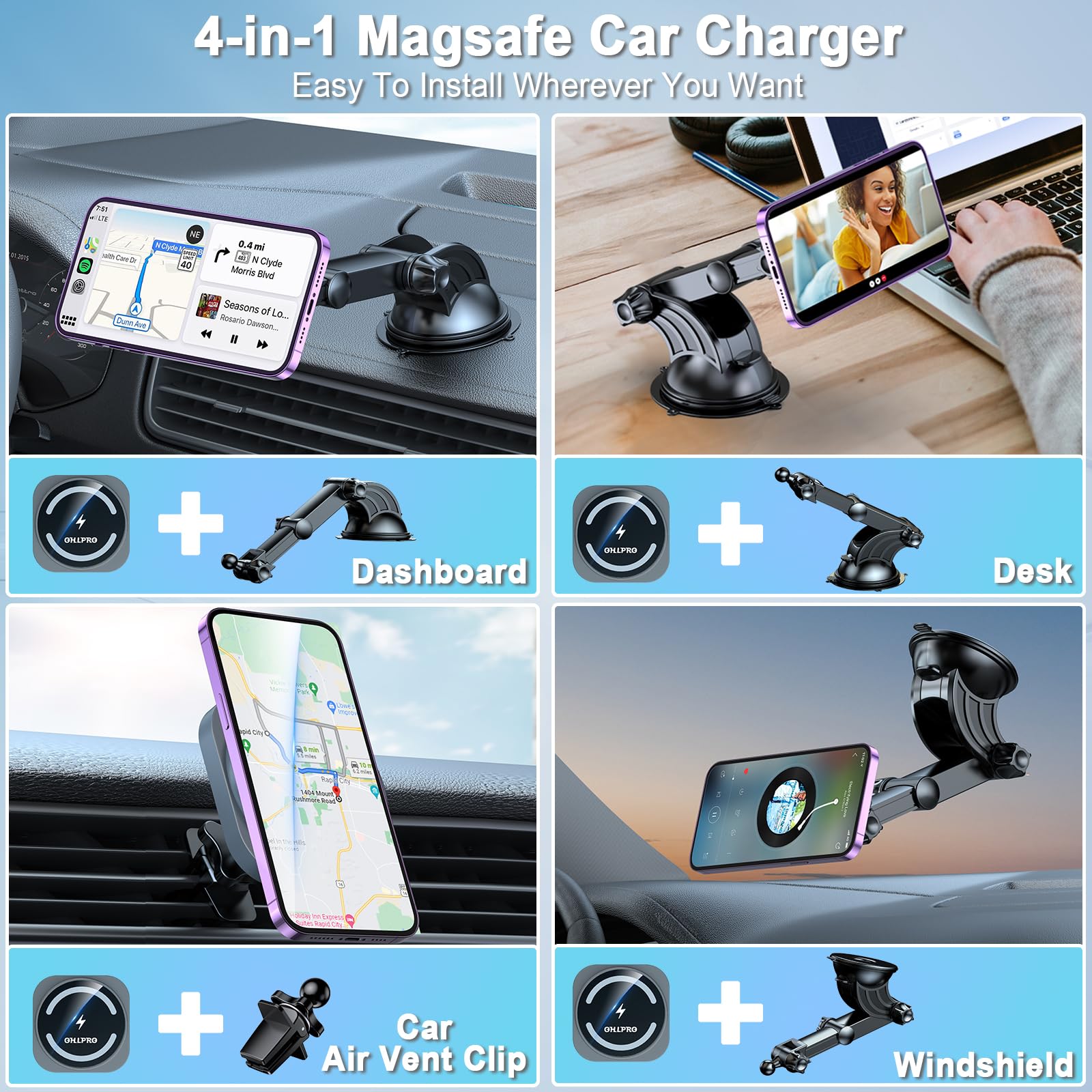 Ohlpro Dashboard Magnetic Phone Holder For Iphone Magsafe Car Mount Charger, Windshield Suction Wireless Car Charger, Car Vent C