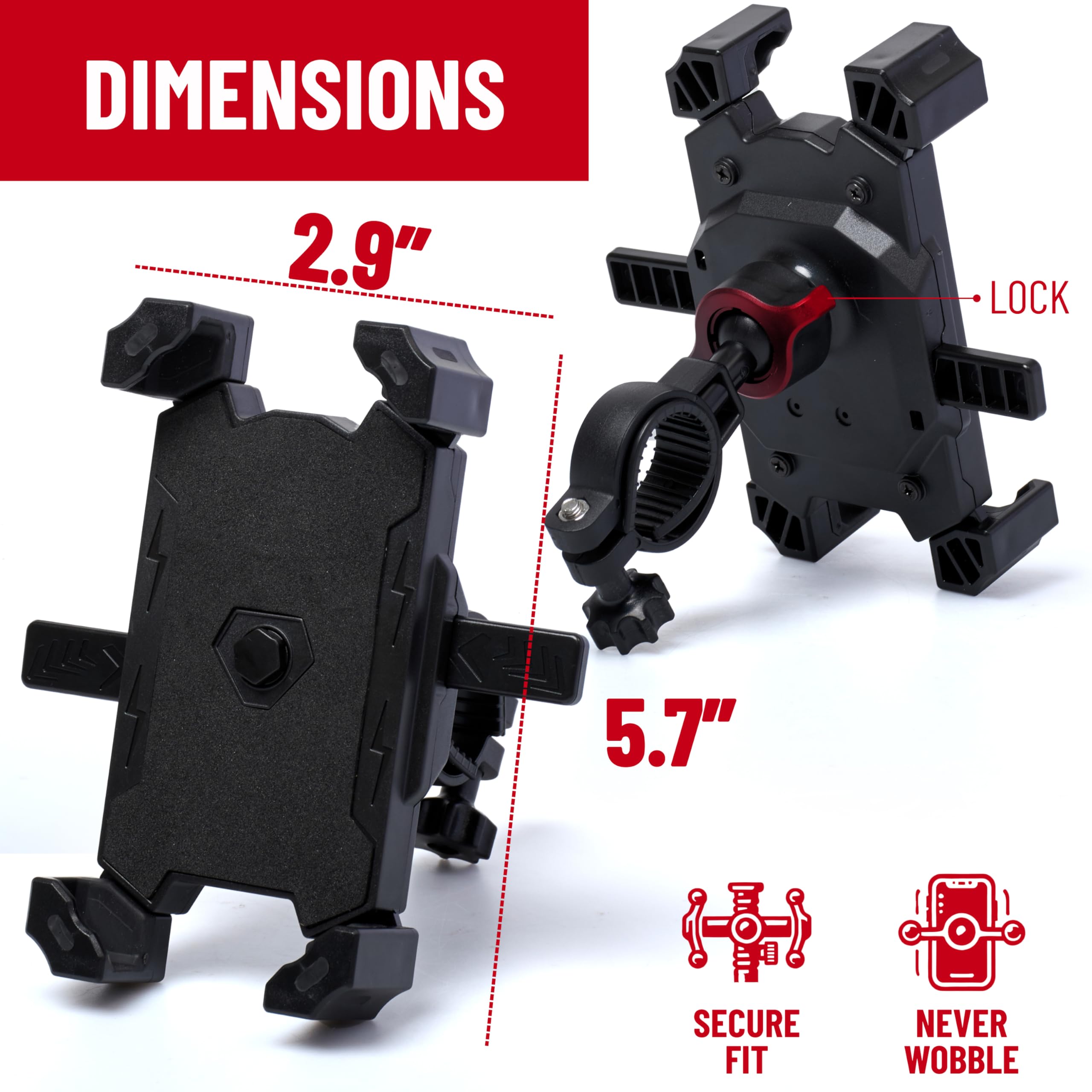 Pro Bike Tool Bike Phone Holder Mount - Double Lock Switch For Sport Cycling - Grey Red Motorcycle Handlebar Phone Mount - Secur