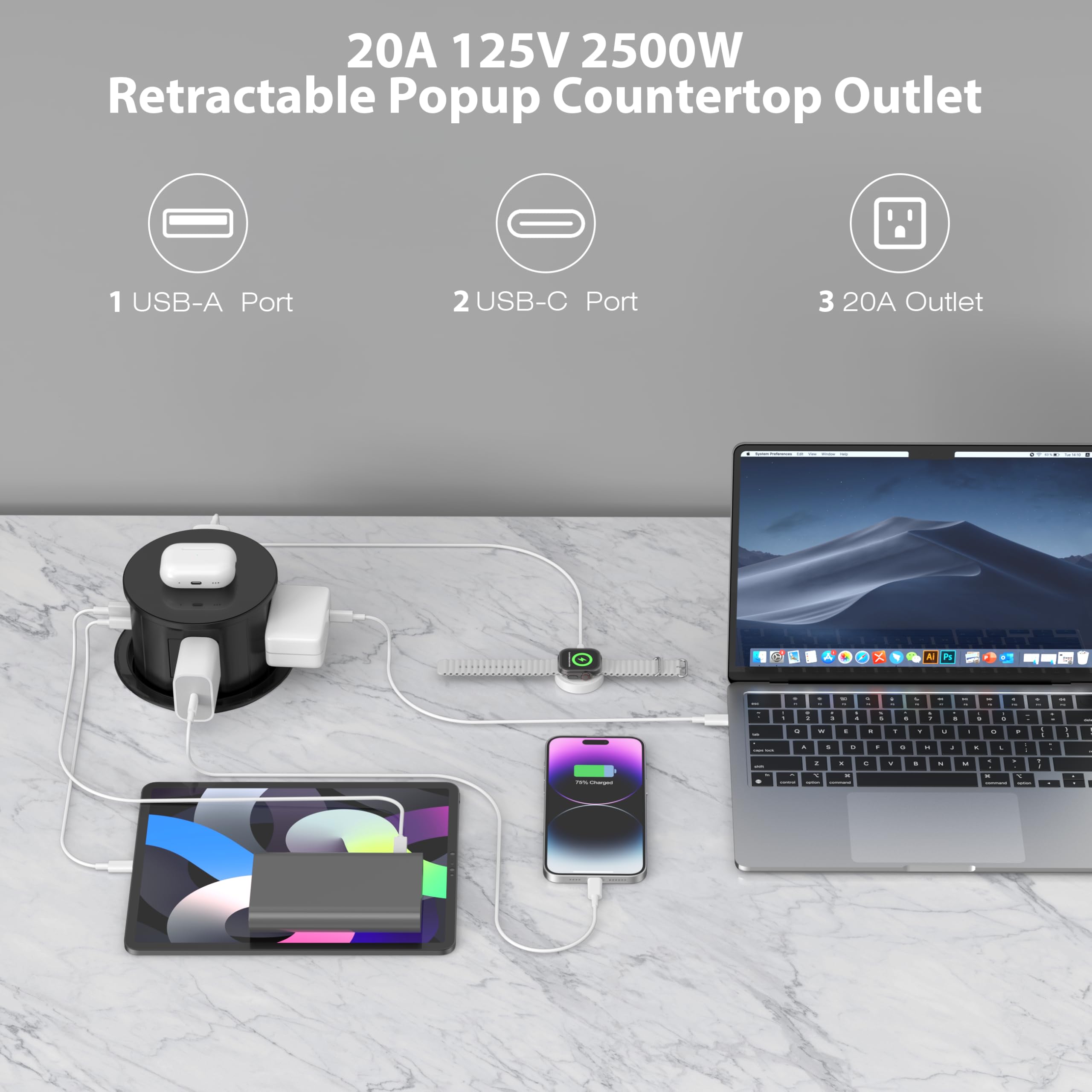 Annquan 20 Amp Pop Up Countertop Outlet With 15W Wireless Charger,Max 65W Power Delivery,4.75'' Pop Up Electrical Outlet With 3