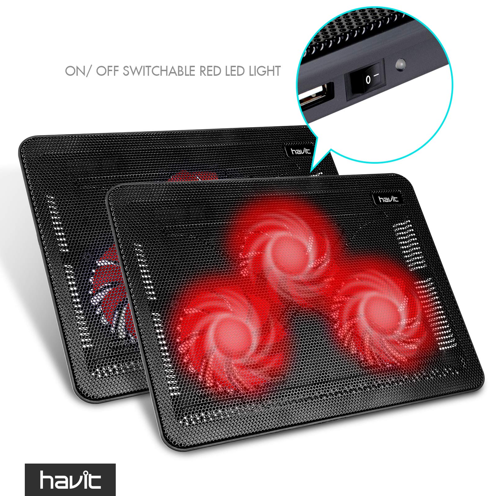 Havit Hv F2056 15.6 17 Inch Laptop Cooler Cooling Pad   Slim Portable Usb Powered (3 Fans) (Black+Red)