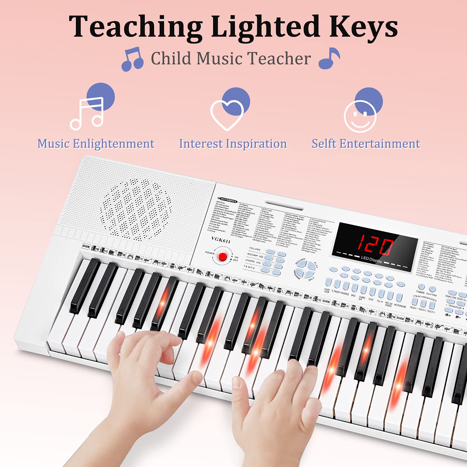 Vangoa Vgk611 Electric Keyboard For Beginner, 61 Keys Portable Music Keyboard With Mini Lighted Keys, Electronic Piano For Kids,