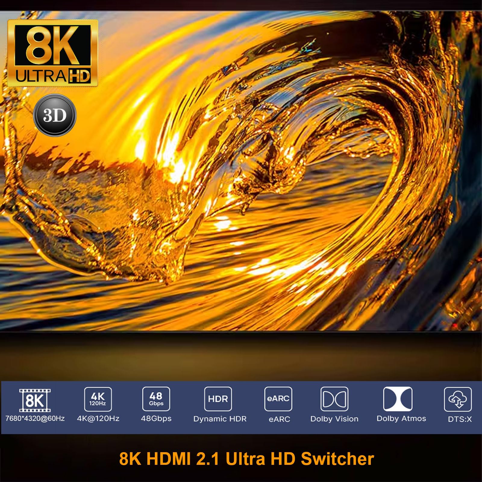 Hdmi 2.1 Switch 8K Hdmi Switcher,2 In 1 Out/ 1 In 2 Out Bi Directional Hdmi Switcher, Hdmi 2.1 Splitter Supports 8K@60Hz 4K@120H