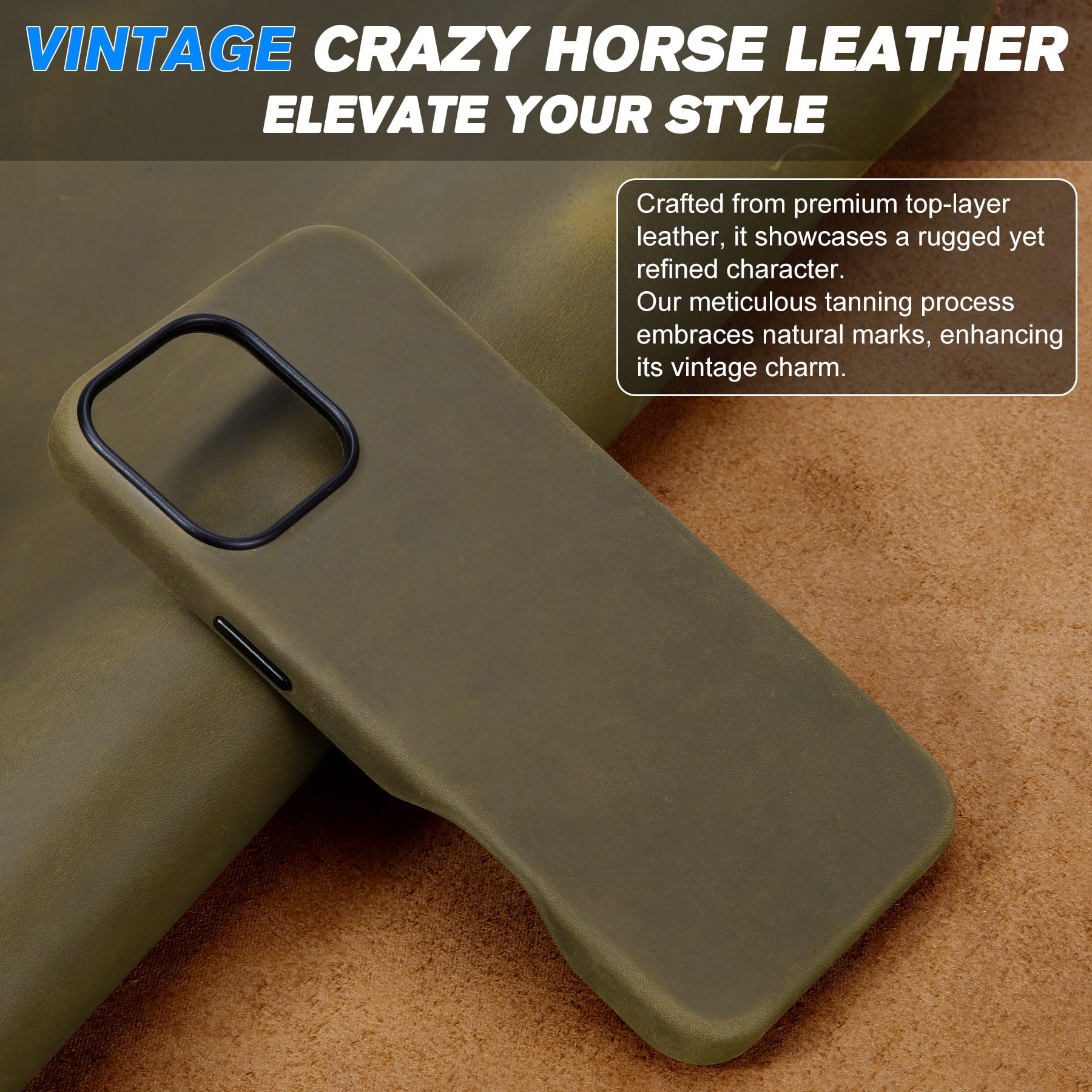 Shieldon Leather Case For Iphone 16 Pro Max 6.9'' 5G, Crazy Horse Top Grain Leather Magnetic Wireless Charging Non-Slip Slim Cov