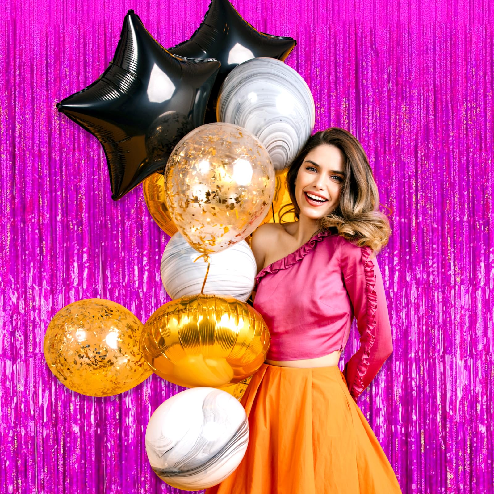 3 Pack Rose Red Foil Fringe Curtain Backdrop, 3.28Ft X 8.2Ft Metallic Tinsel Foil Fringe Streamer Curtains For Photo Booth, Vale