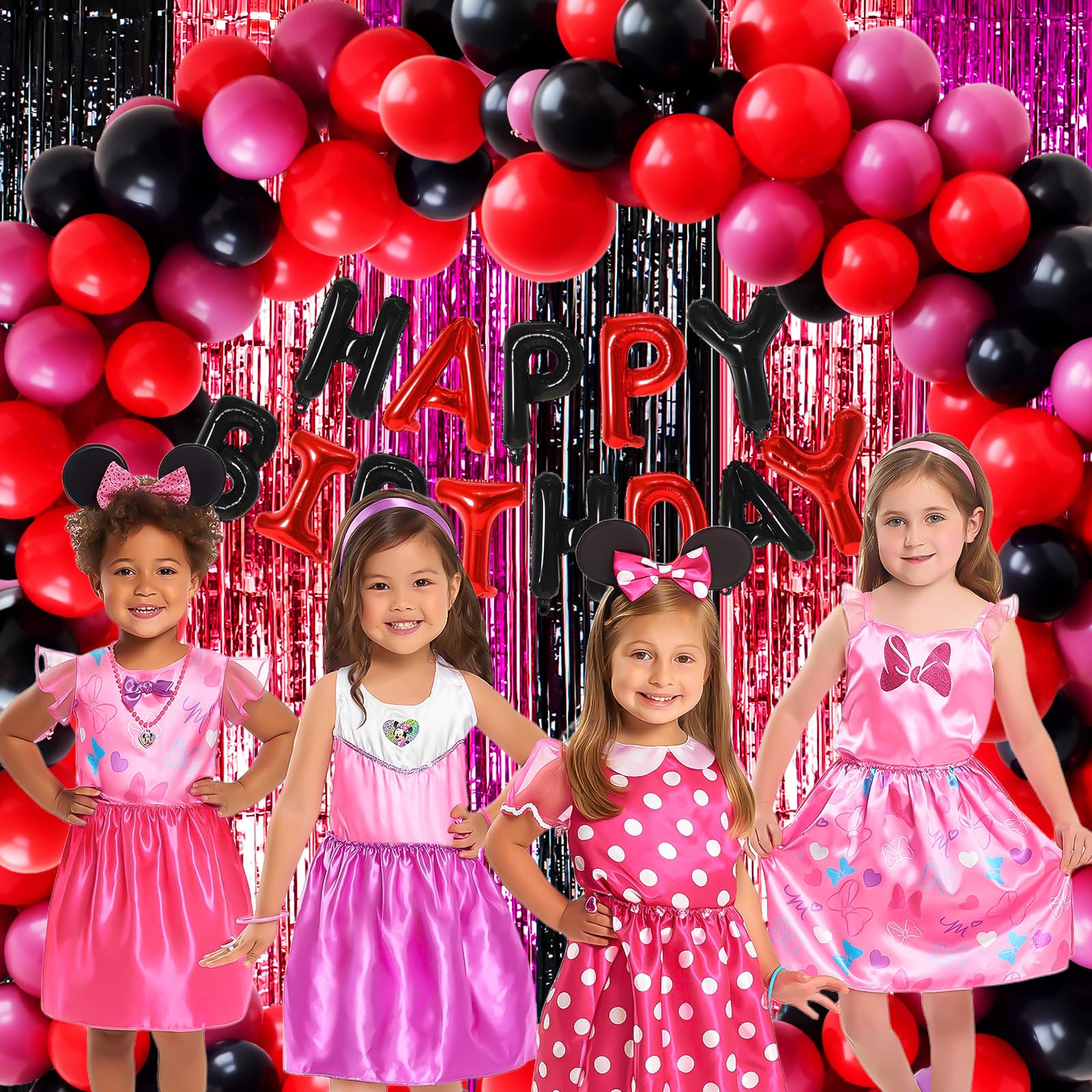 Minnie Birthday Party Supplies, 2 Pack 3.3X6.6 Ft Hot Pink Black Foil Fringe Curtain, Black And Pink Photo Booth Prop Streamer B
