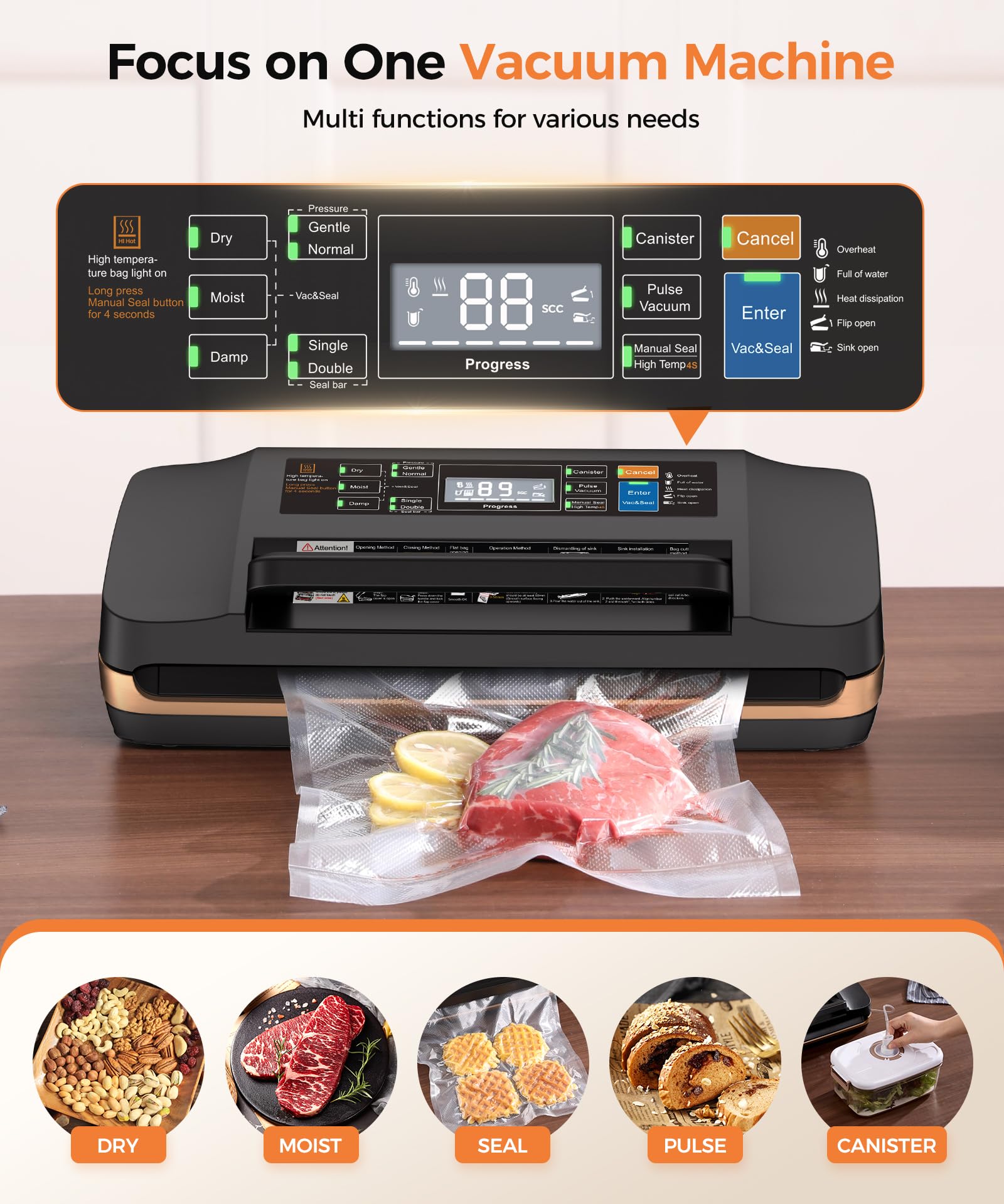 95Kpa Vacuum Sealer Machine,Commercial Full Automatic Food Sealer,Powerful Sealing System With Double Heat Seal,Bags Storage, Ea