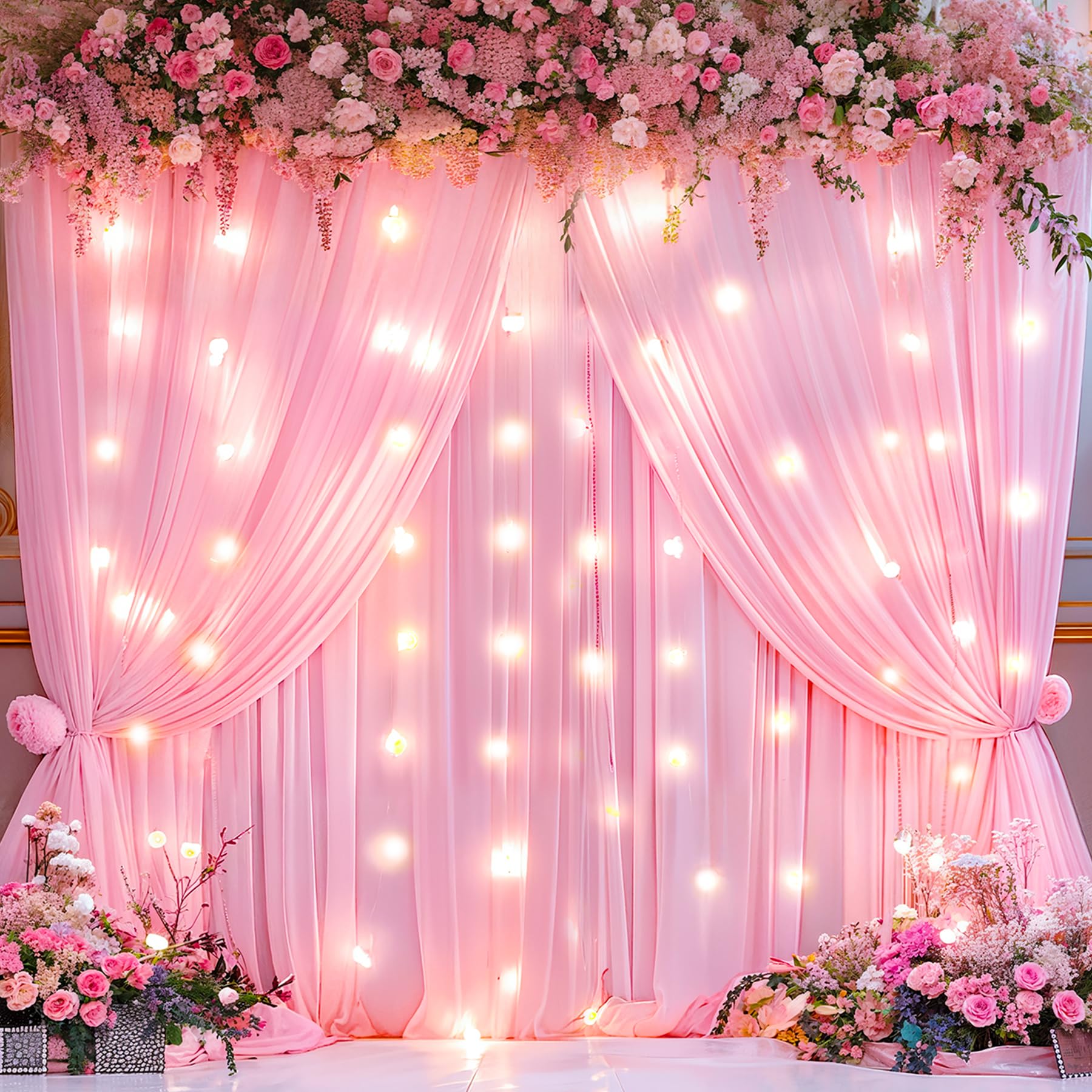 Pink Backdrop Curtains With Lights For Parties,10X10Ft Wrinkle Free Polyester Wedding Photo Backdrop Curtains For Baby Shower Bi