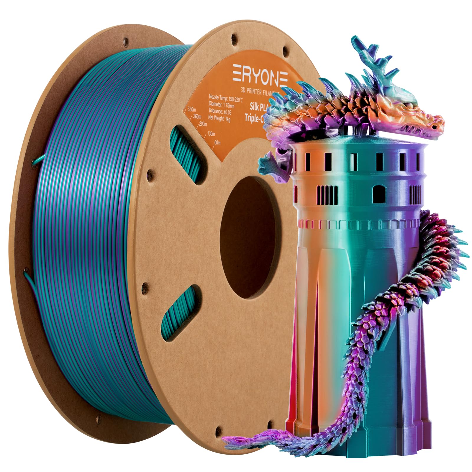 Eryone Silk Tri Color Pla Filament 3D Printer 1.75Mm +/  0.03Mm, Multicolor Filament Tricolor Pla 1Kg(2.2Lbs) Cardboard Spool, P