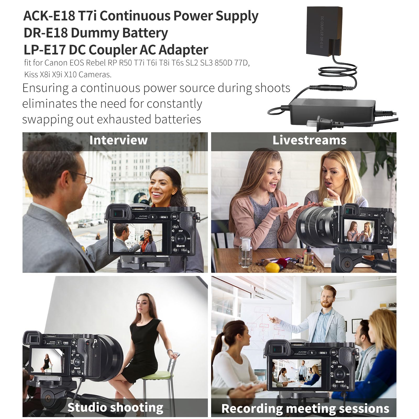 F1Tp Ack E18 Ac Power Supply Adapter Dr E18 Dc Coupler Kit For Canon Eos Rebel T6I T7I Sl2 Sl3 Rp R10 T6S T8I 77D 200D 250D 750D 760D 800D 850D Cameras.